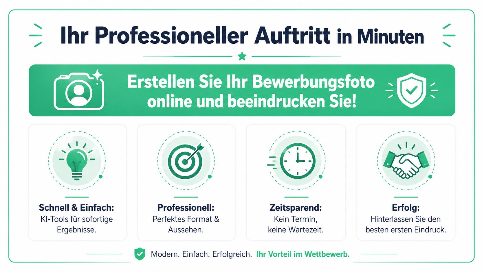 Eine Infografik zur Erstellung von professionellen Bewerbungsfotos durch KI-Tools für einen schnellen, einfachen und erfolgreichen Auftritt.