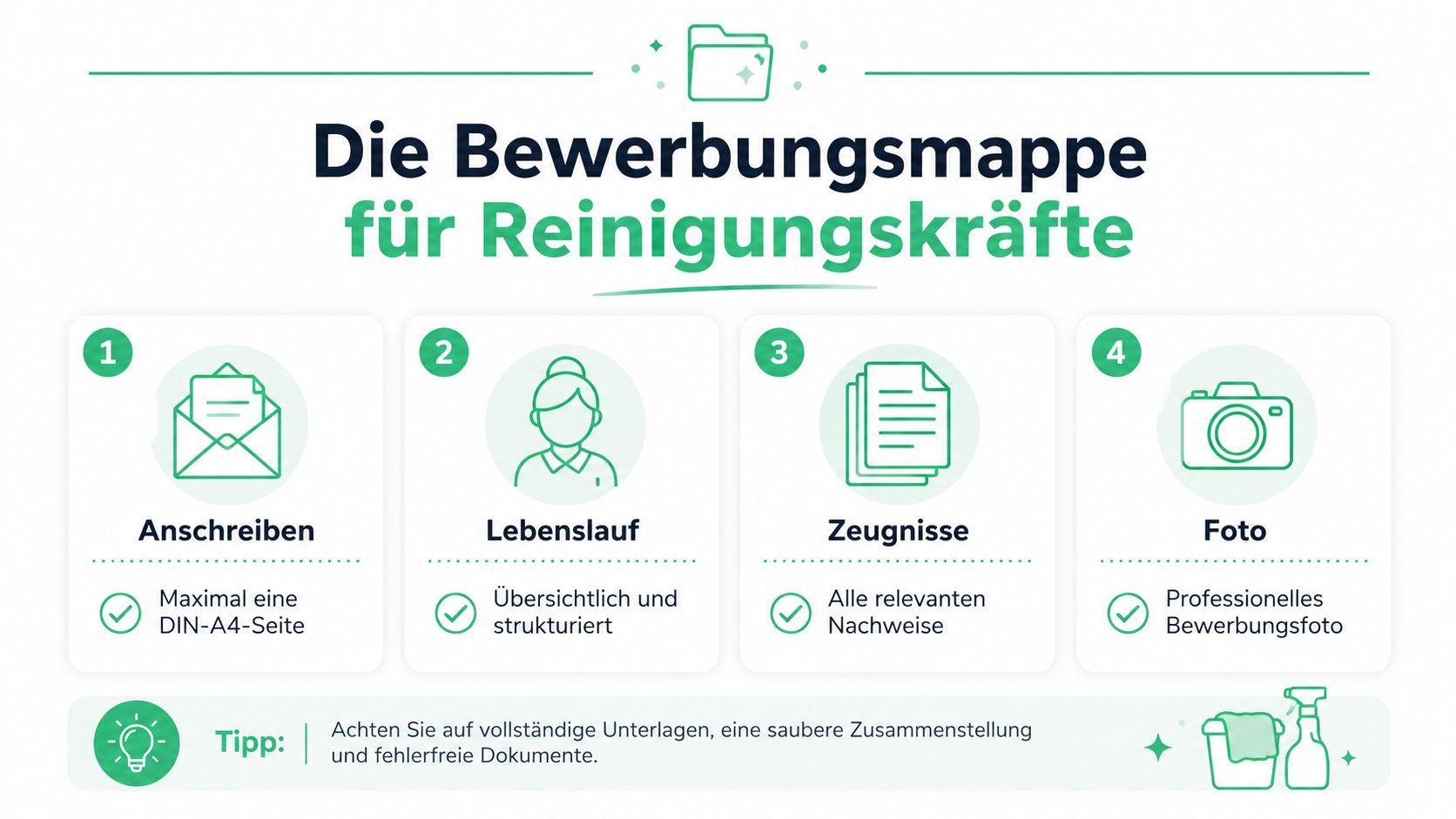 Eine Infografik mit vier Schritten zur Erstellung einer vollständigen Bewerbungsmappe für professionelle Reinigungskräfte.