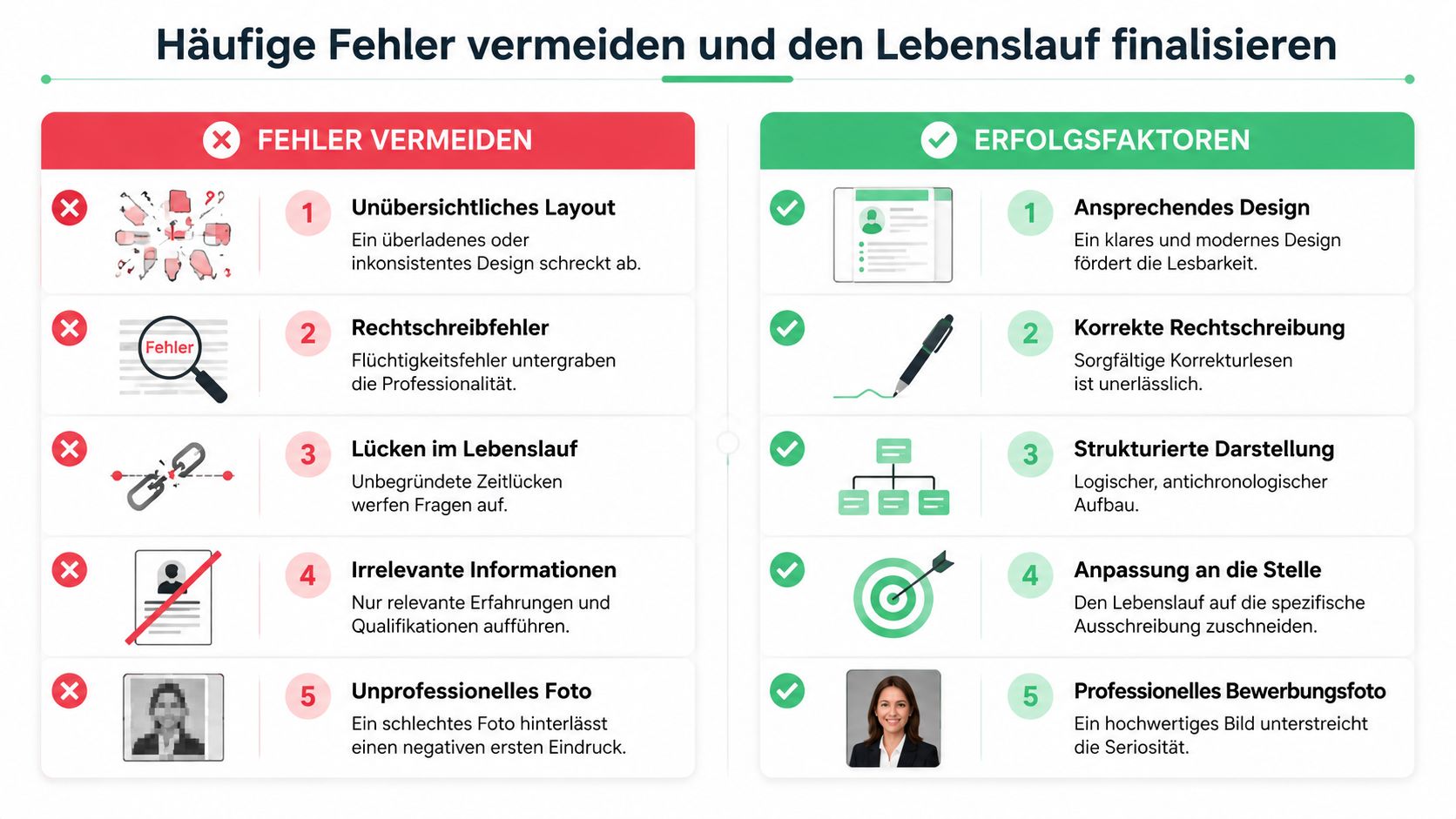 Eine übersichtliche Grafik mit Tipps zur Vermeidung von Fehlern im Lebenslauf und wichtigen Erfolgsfaktoren für Bewerbungen.