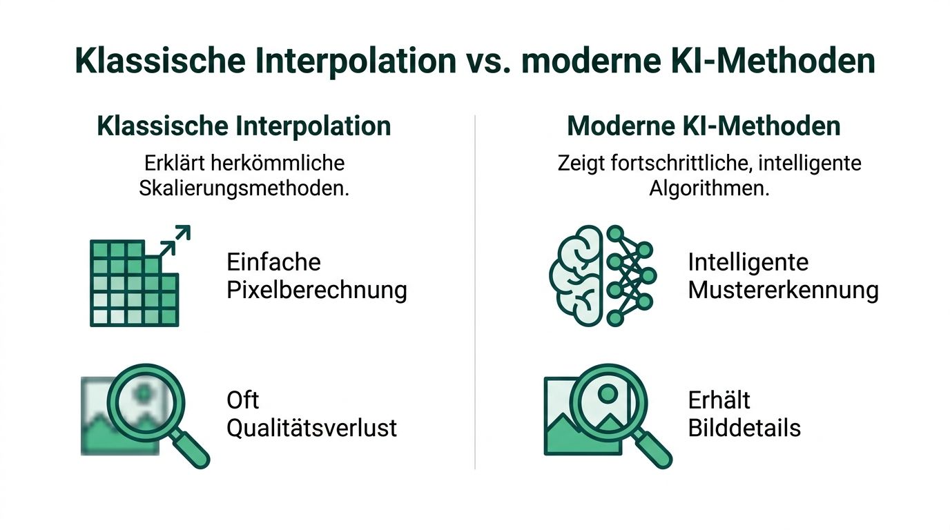 Vergleichsgrafik zwischen klassischer Interpolation und modernen KI-Methoden bei der Bildskalierung mit jeweiligen Vor- und Nachteilen.