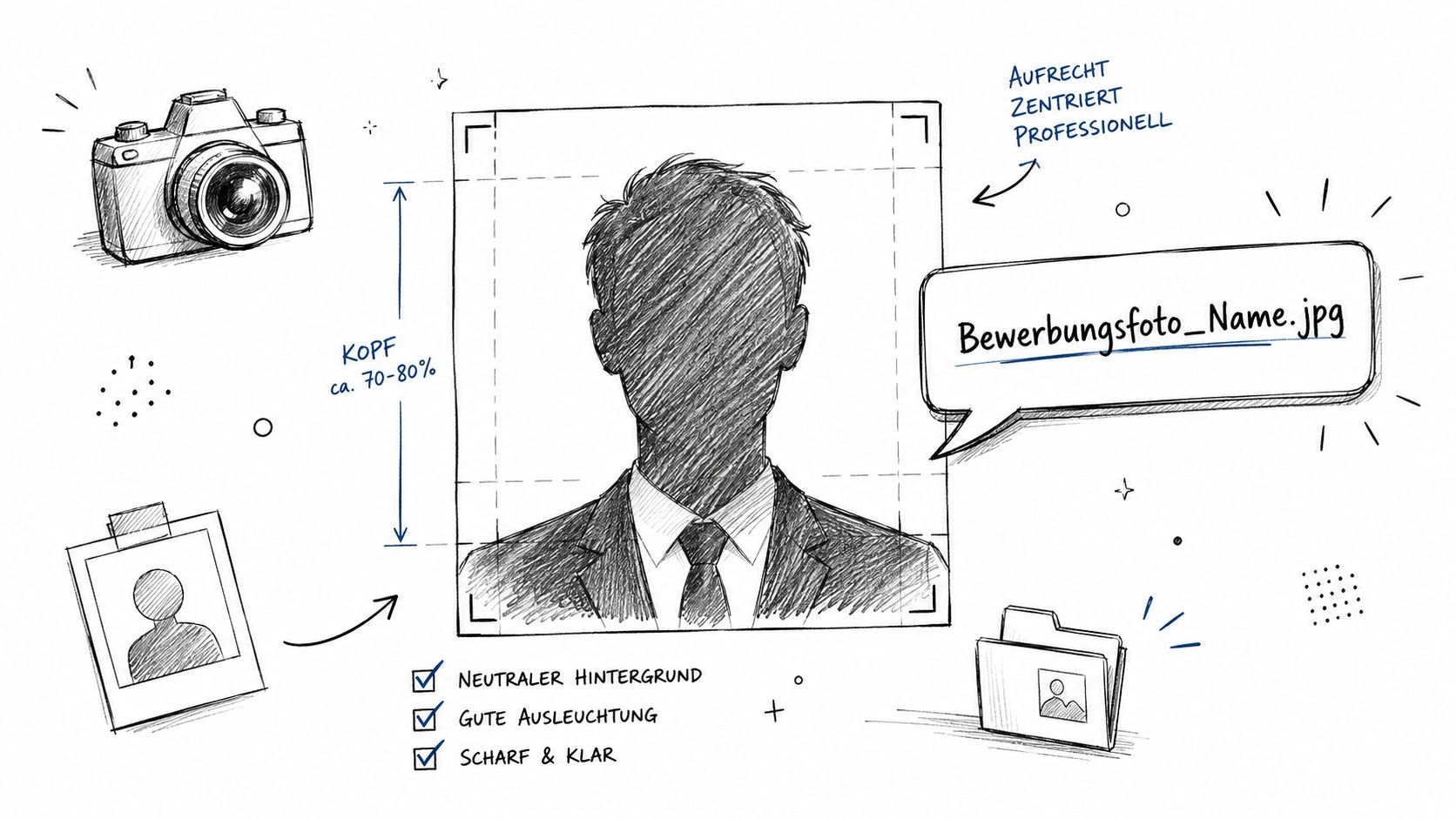 Eine Infografik mit Tipps zur Gestaltung eines professionellen Bewerbungsfotos mit den richtigen Proportionen und Anforderungen.