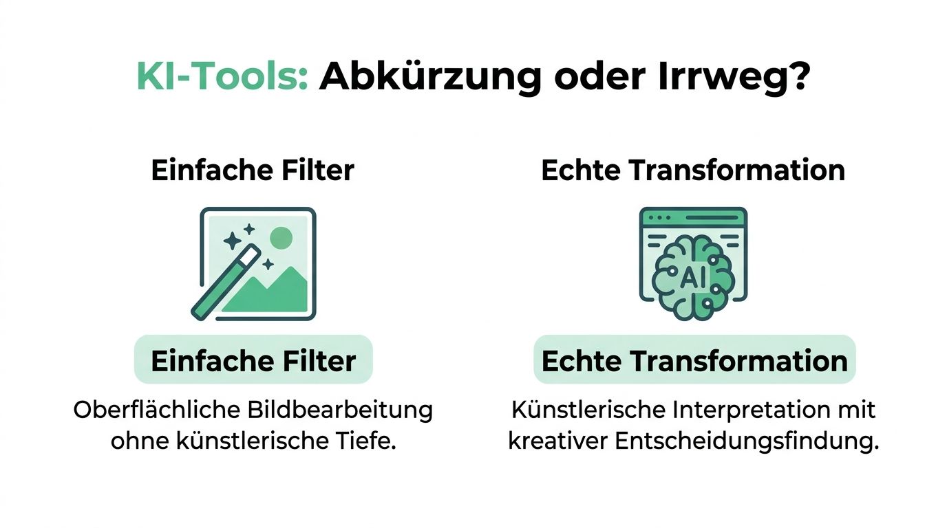 Eine Infografik vergleicht einfache KI-Filter mit echter künstlerischer Transformation und bewertet deren kreative Tiefe.