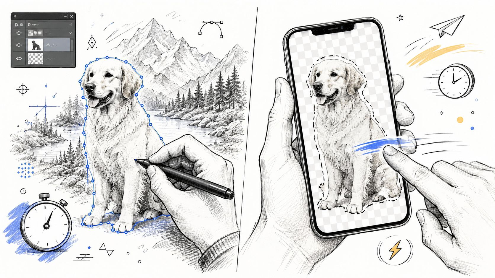 Eine handgezeichnete Illustration zeigt die digitale Freistellung eines Golden Retrievers mittels Grafiksoftware auf Tablet und Smartphone.