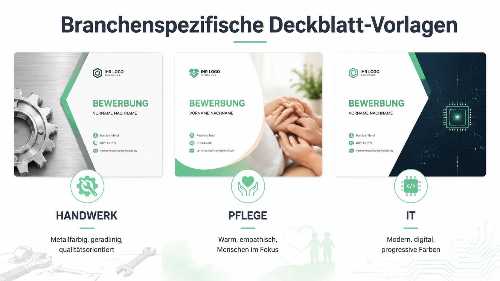 Drei beispielhafte branchenspezifische Deckblatt-Vorlagen für eine Bewerbung in den Bereichen Handwerk, Pflege und IT.