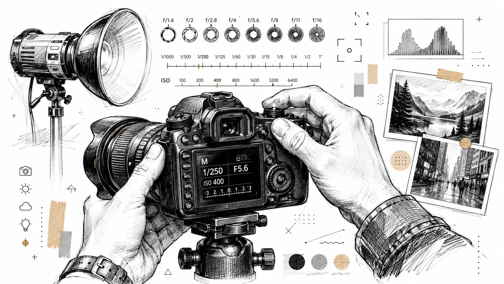 Eine illustrierte Kamera mit Studioausrüstung und Einstellungsanzeige für die professionelle Fotografie auf weißem Hintergrund.