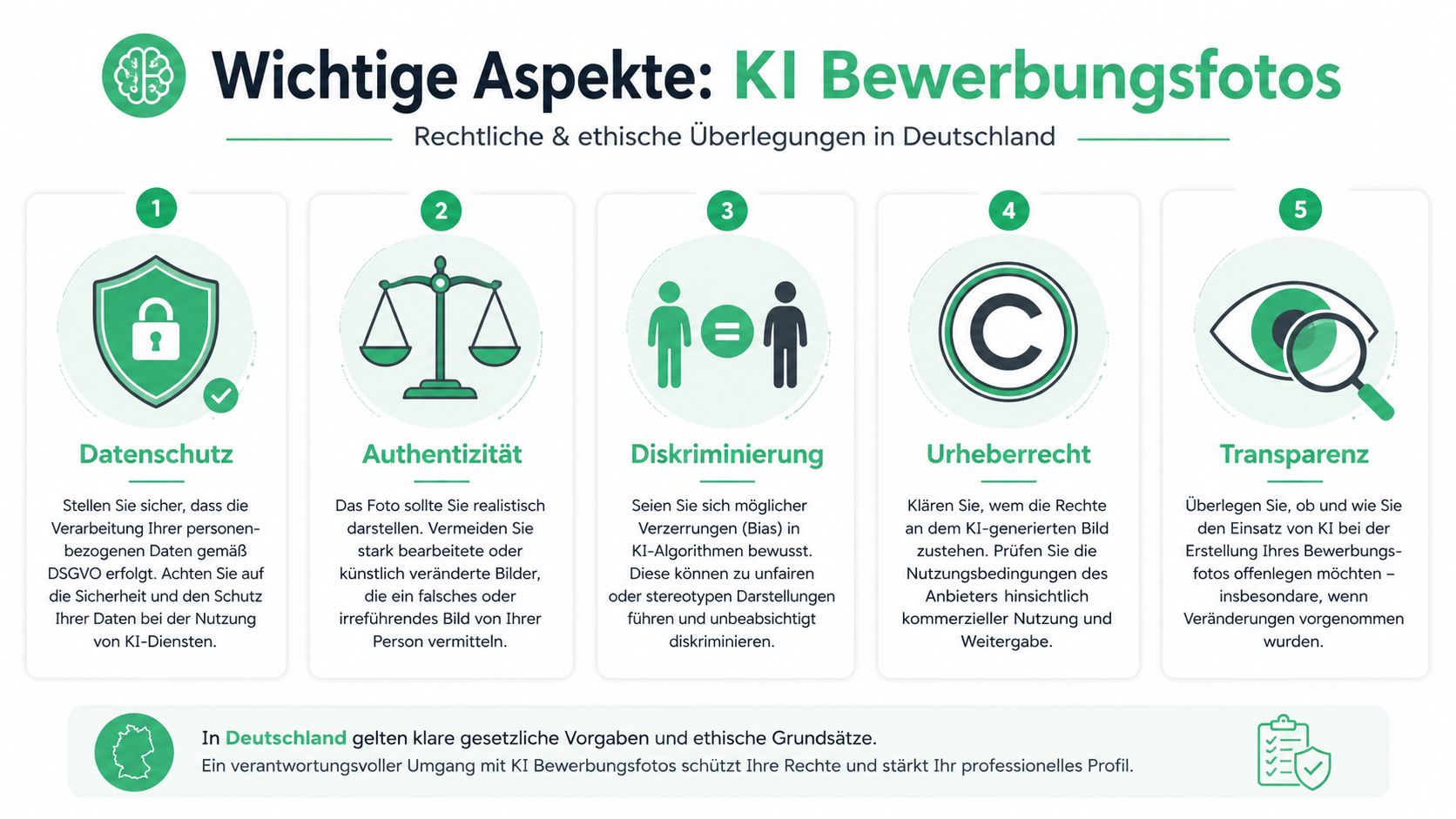 Infografik zu den rechtlichen und ethischen Aspekten bei der Verwendung von KI-generierten Bewerbungsfotos in Deutschland.