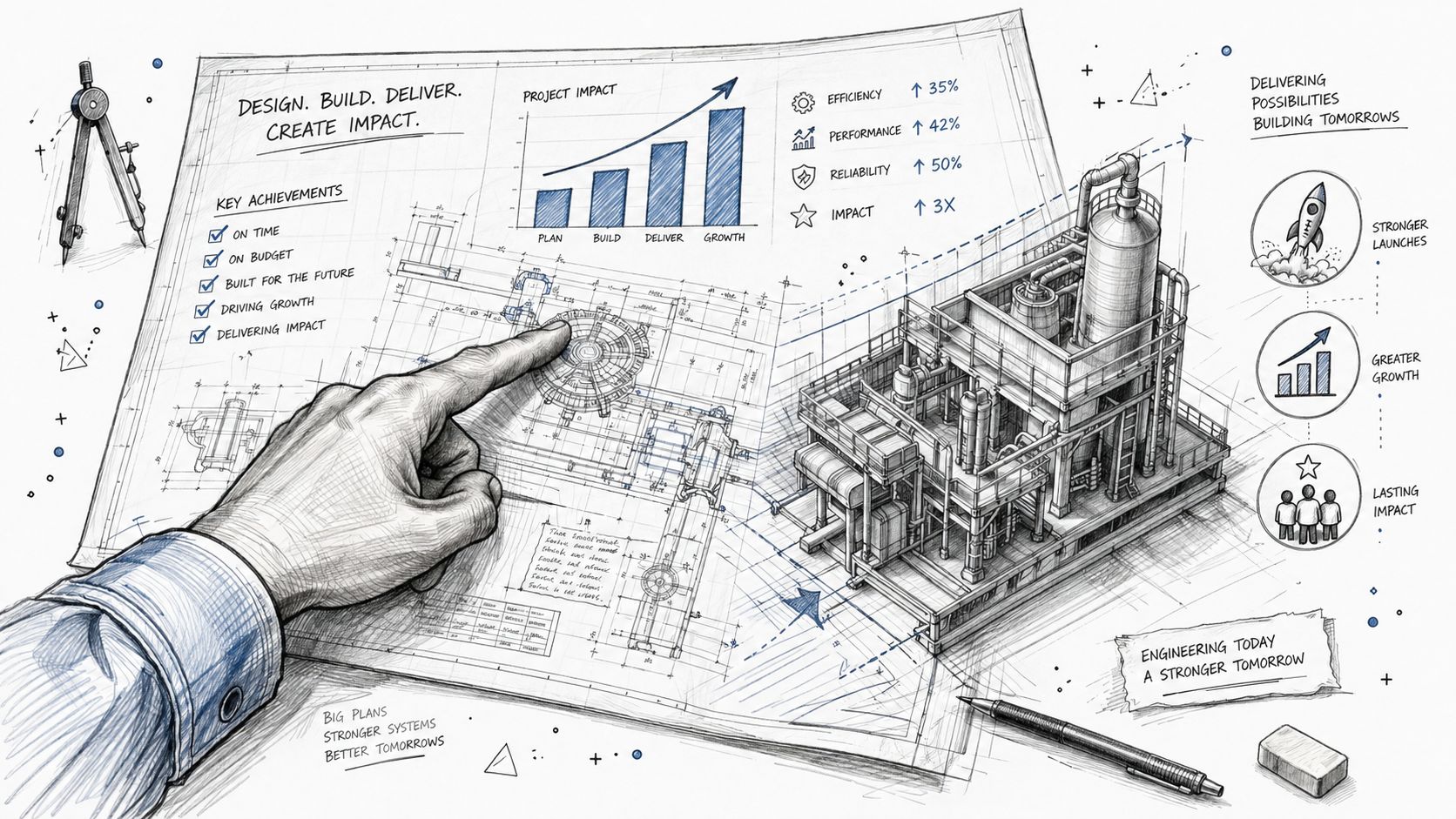 Eine Hand deutet auf einen technischen Bauplan einer Industrieanlage mit grafischen Statistiken und einer Skizze.
