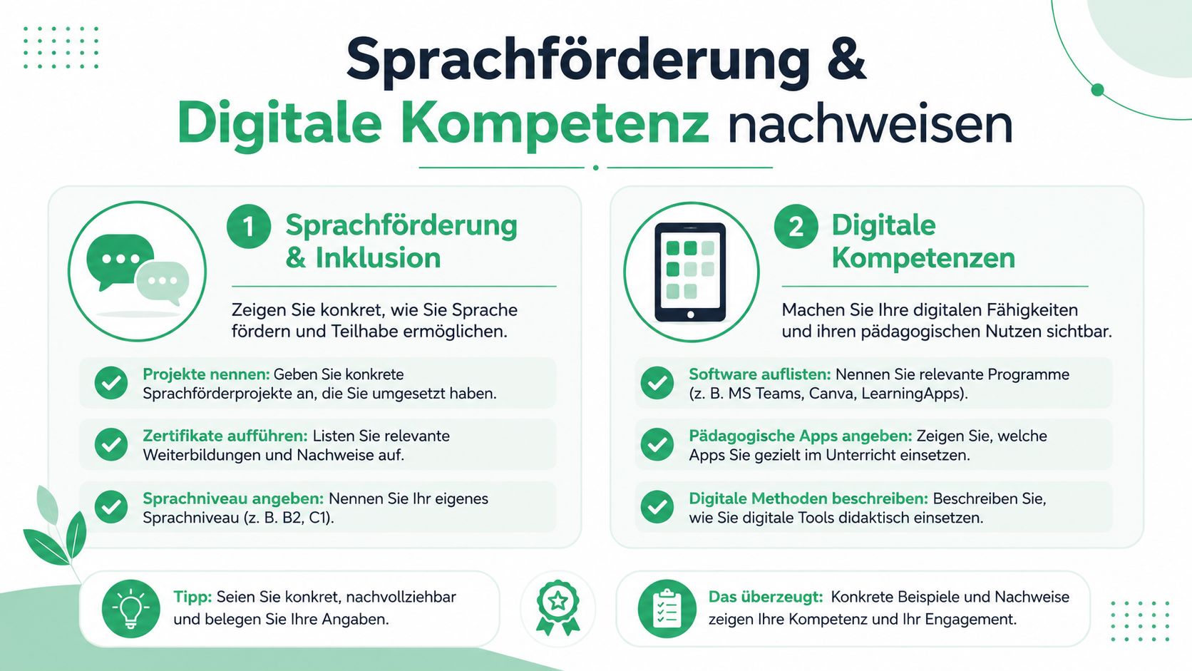 Eine grafische Übersicht zur Darstellung von Sprachförderung und digitaler Kompetenz im Rahmen eines professionellen Erzieher-Lebenslaufs.