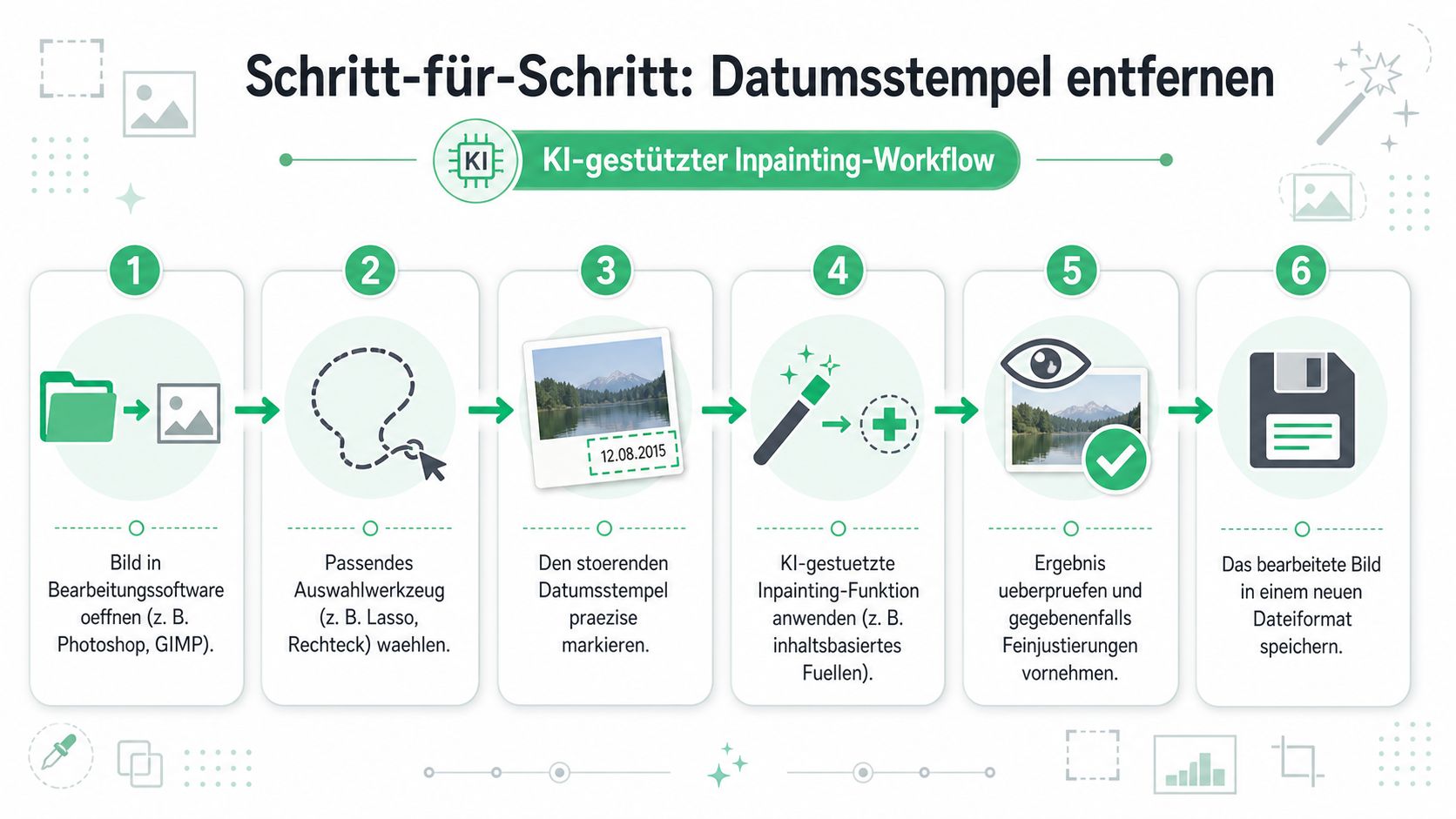 Eine sechsstufige Infografik, die zeigt, wie man Datumsstempel mit Hilfe von KI-gestützter Inpainting-Software aus Fotos entfernt.