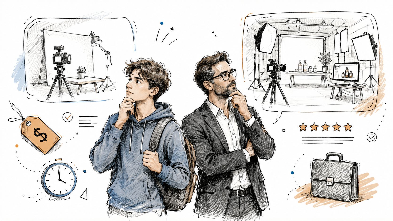 Ein junger Student und ein Geschäftsmann denken über professionelle Fotostudios und Ausrüstung für Produktfotografie nach.