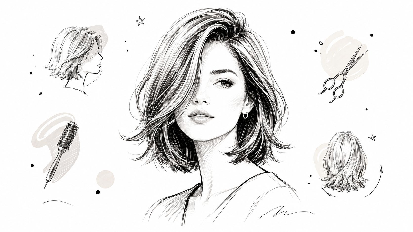 Eine stilvolle Illustration zeigt einen Haarschnitt für rundes Gesicht und dickes Haar mit Friseurschere und Rundbürste.