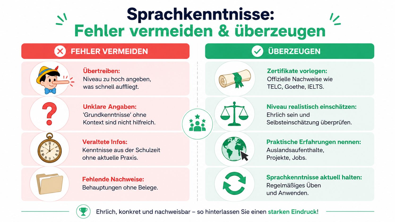 Eine Infografik mit Tipps, wie man Sprachkenntnisse im Lebenslauf ehrlich und überzeugend darstellen kann.