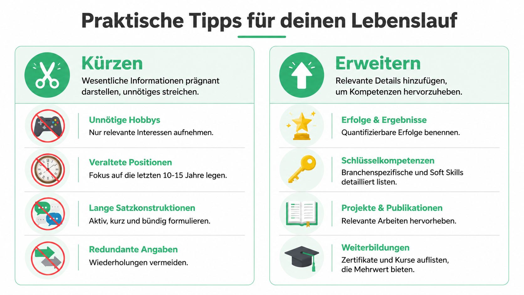 Eine Infografik mit praktischen Tipps zur Optimierung des Lebenslaufs durch Kürzen von Inhalten und Erweitern relevanter Details.