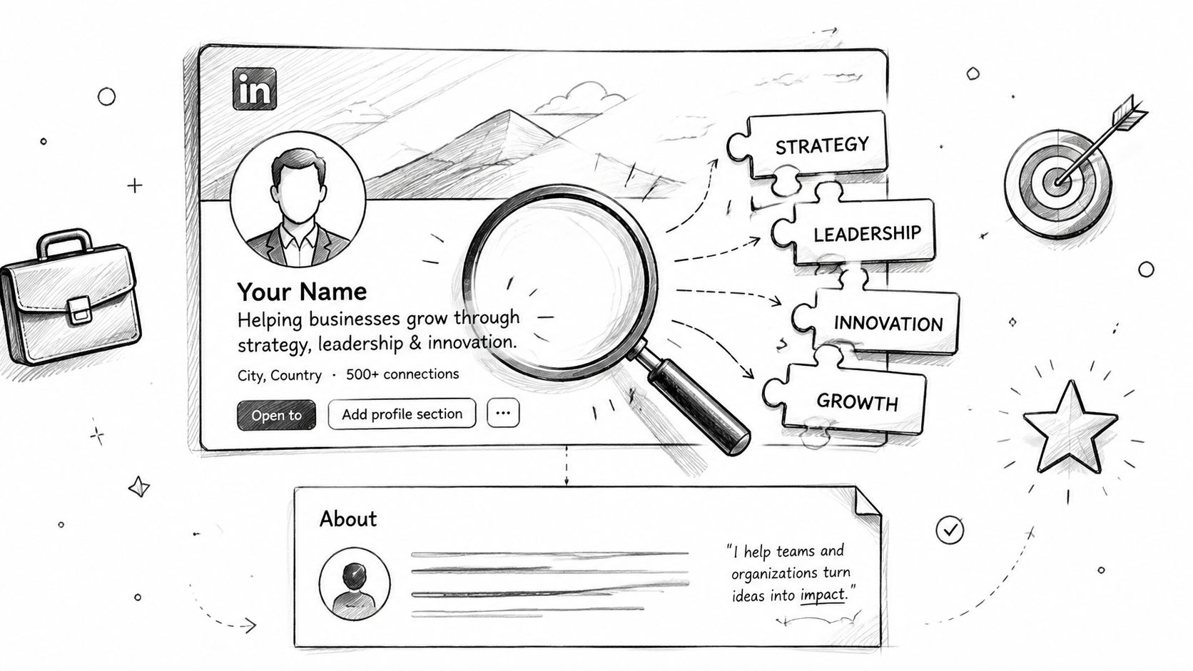 Skizzenhafte Darstellung eines LinkedIn-Profils mit Fokus auf strategische Karriereplanung und geschäftliche Wachstumsaspekte in einer kreativen Zeichnung.