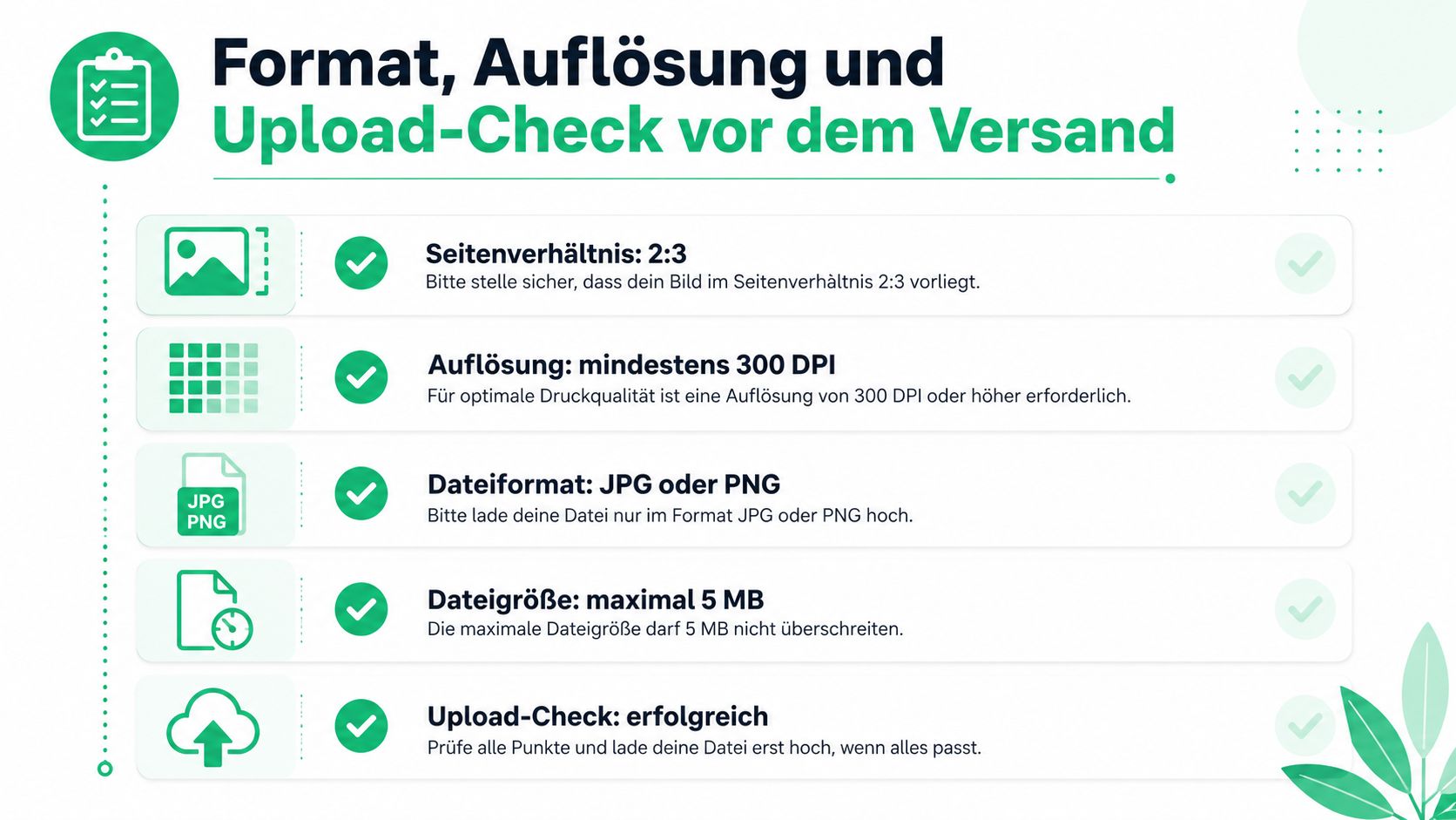 Checkliste für den Upload von Bewerbungsfotos mit Informationen zu Format, Auflösung, Dateityp und maximaler Dateigröße.