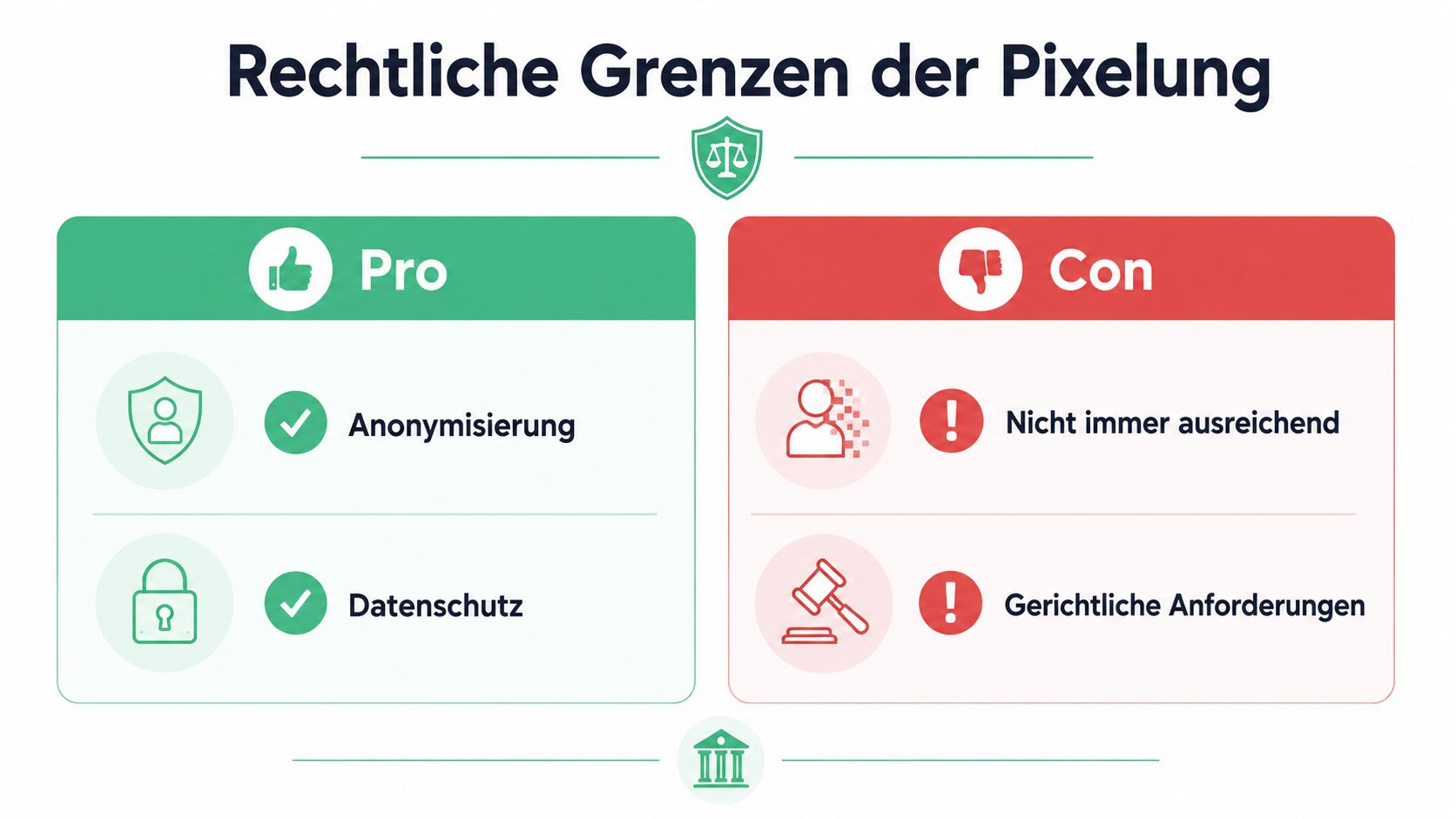 Eine Infografik über die rechtlichen Vor- und Nachteile von Bildverpixelung zum Schutz der Privatsphäre.