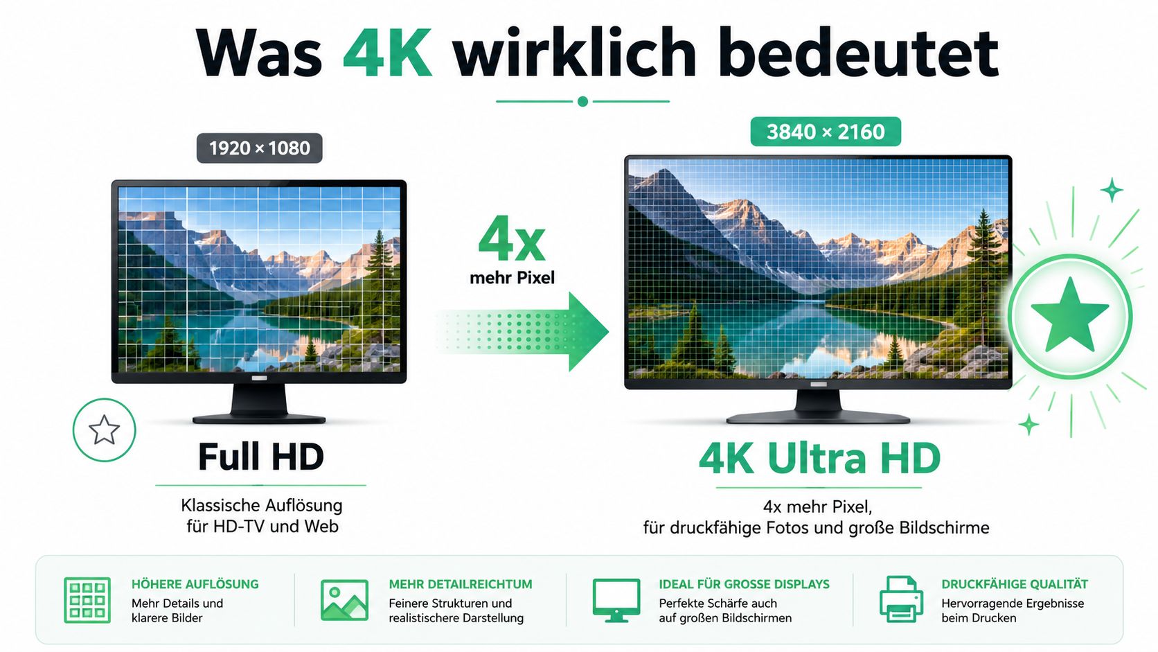 Vergleichsgrafik zwischen Full HD und 4K Ultra HD Auflösung mit einer Gegenüberstellung der Pixelanzahl und Vorteile.