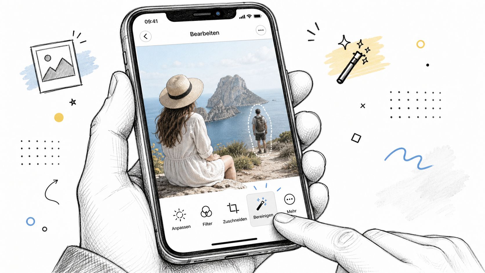 Eine illustrierte Hand nutzt die Bereinigen-Funktion auf einem iPhone, um eine Person aus einem Urlaubsfoto zu entfernen.
