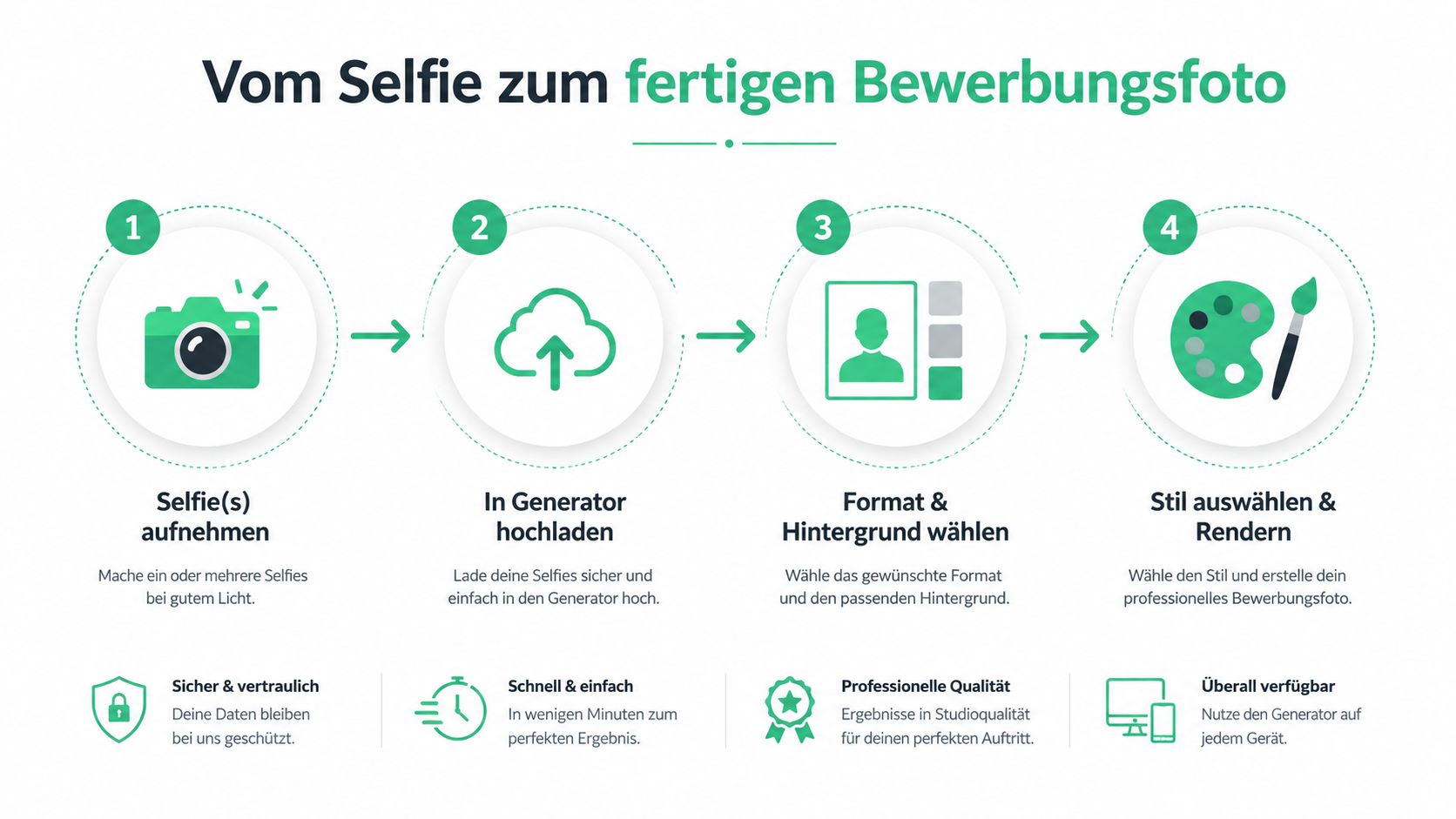 Eine Infografik mit vier Schritten zur Erstellung professioneller Bewerbungsfotos mit einem KI-Generator vom Selfie bis zum fertigen Ergebnis.