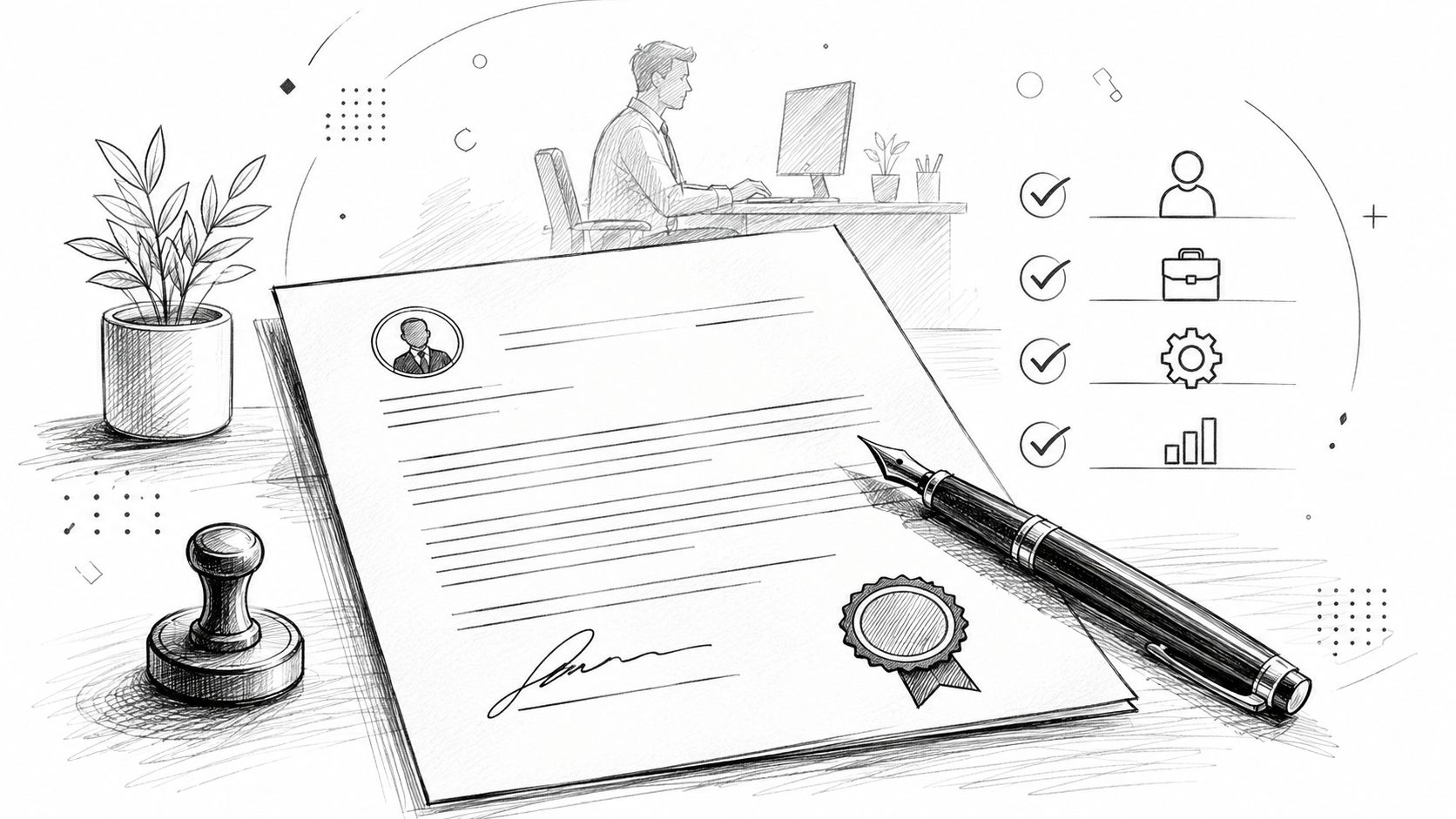 Eine Skizze zeigt ein Dokument für ein Arbeitszeugnis, einen Stempel, einen Füller und ein Büro-Szenario.