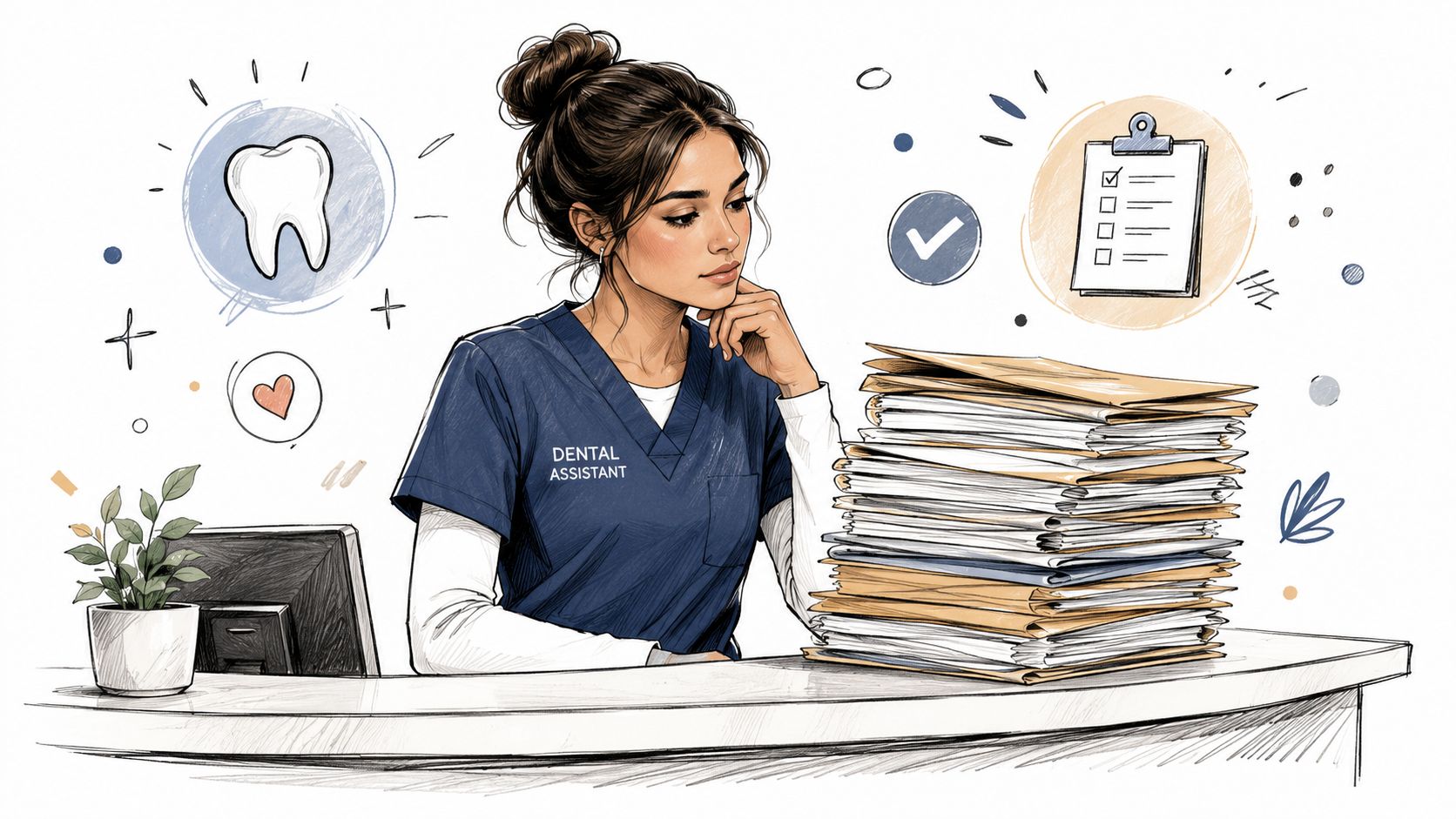 Eine Zahnmedizinische Fachangestellte sitzt konzentriert an einem Schreibtisch mit einem großen Stapel von Patientenakten im Büro.