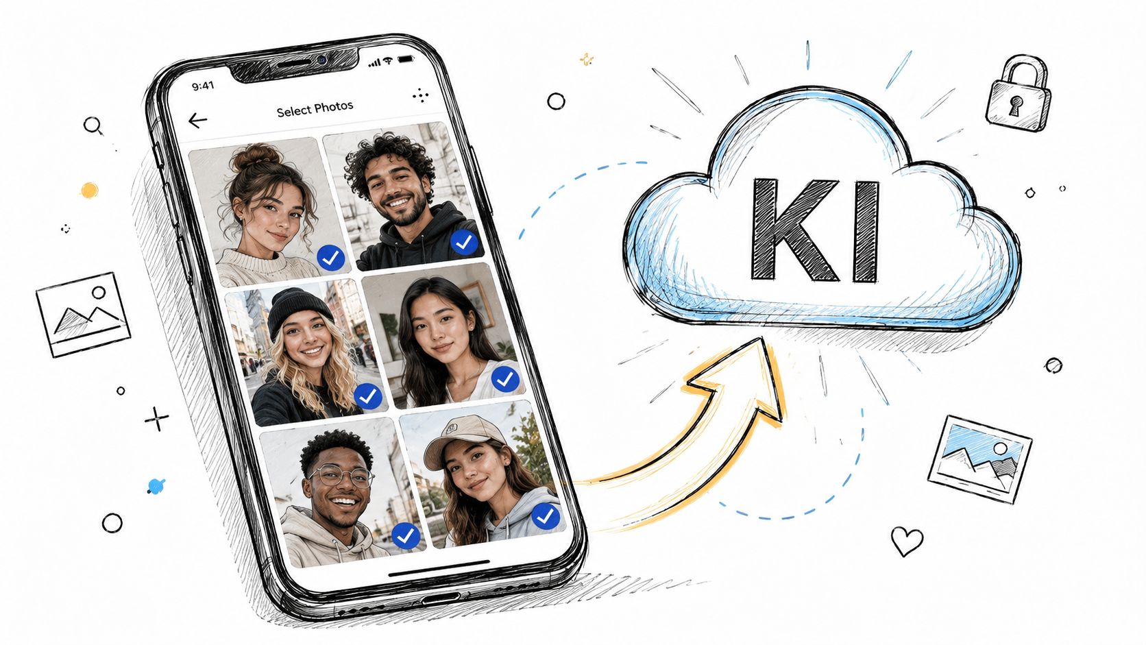 Eine grafische Darstellung eines Smartphones, das Fotos für eine KI-basierte Cloud-Bearbeitung auswählt.