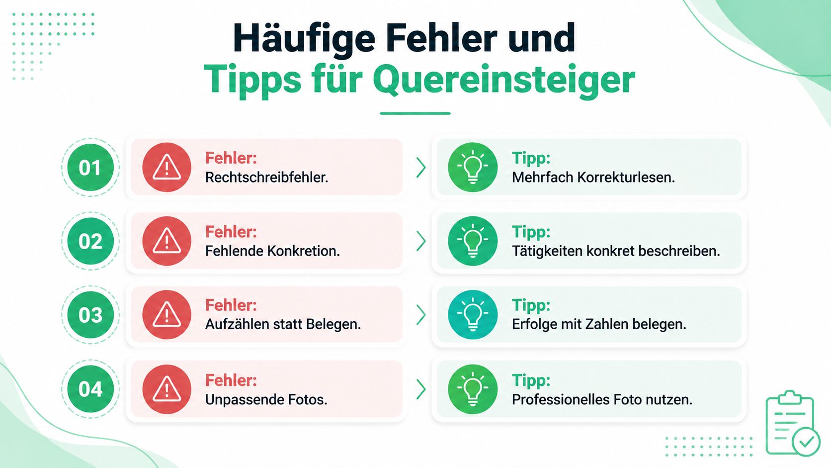 Eine Infografik zeigt vier häufige Fehler bei Quereinsteigern in Bewerbungen und liefert passende Tipps für die Korrektur.