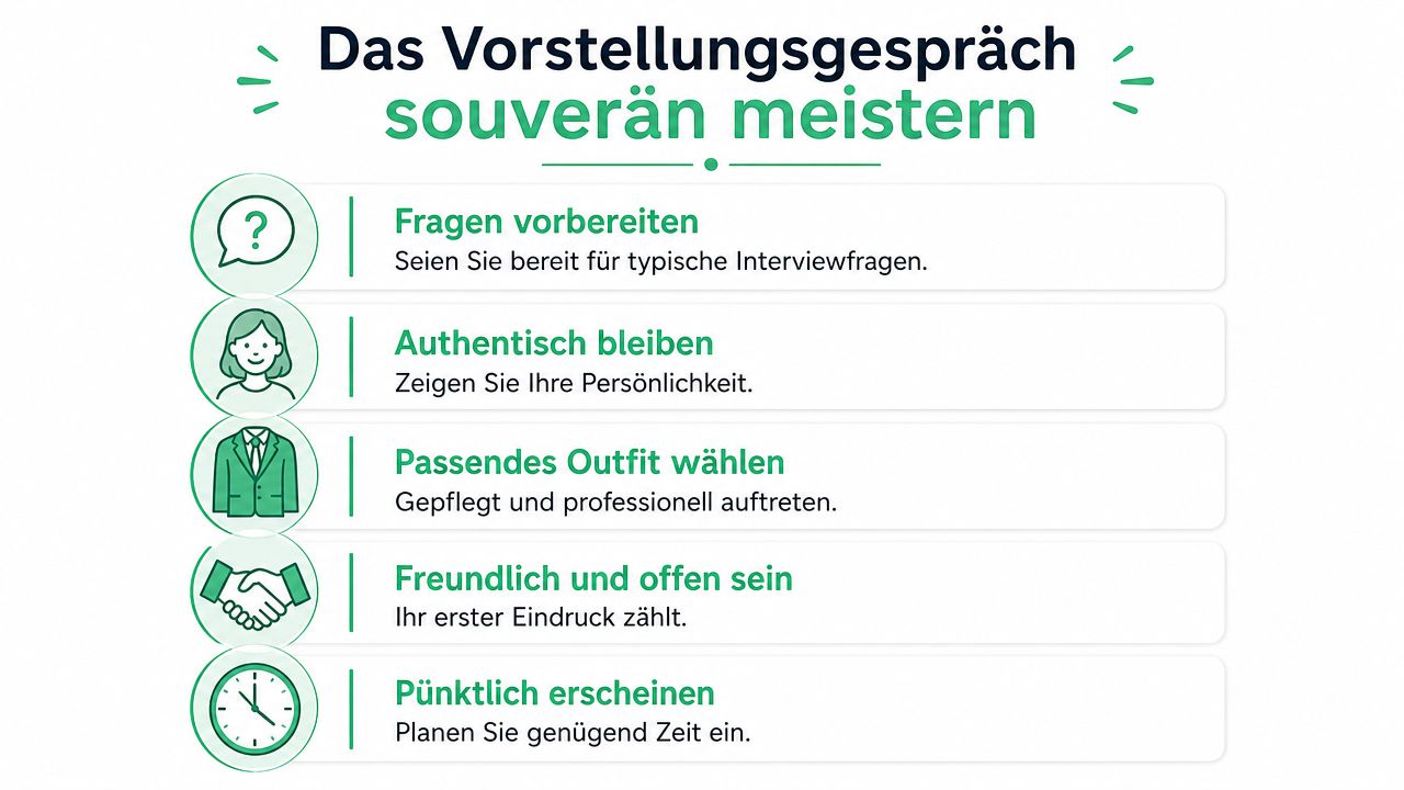 Eine Infografik mit fünf Tipps für ein erfolgreiches Vorstellungsgespräch, inklusive Ratschlägen zu Vorbereitung, Authentizität und Pünktlichkeit.