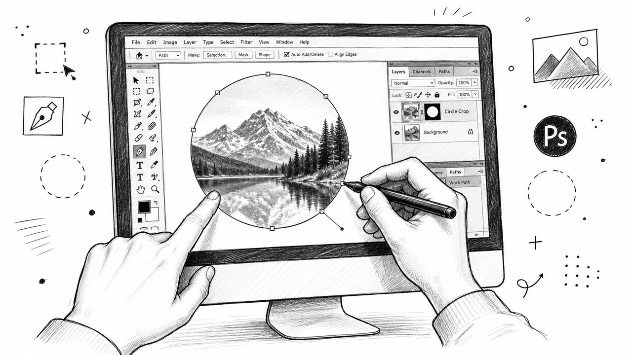 Eine illustrierte Hand nutzt einen Stift am Grafiktablet, um ein Landschaftsfoto in einem runden Rahmen auszuschneiden.
