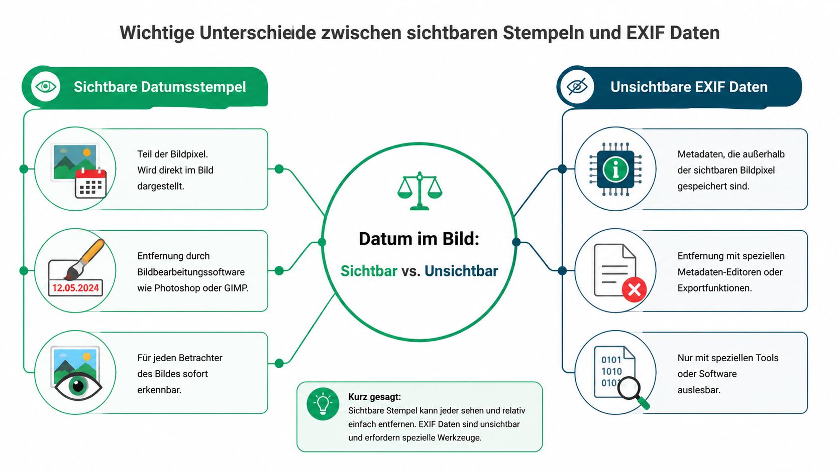 Vergleichsgrafik zwischen sichtbaren Datumsstempeln im Bild und unsichtbaren EXIF-Metadaten für die Fotobearbeitung.