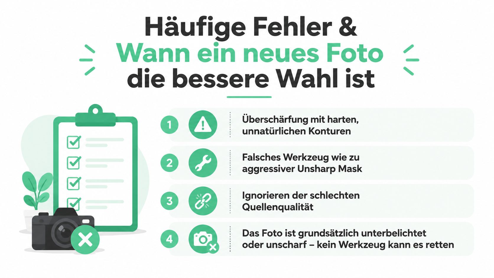 Eine Infografik, die häufige Fehler bei der Fotobearbeitung und die Notwendigkeit neuer Fotos erklärt.