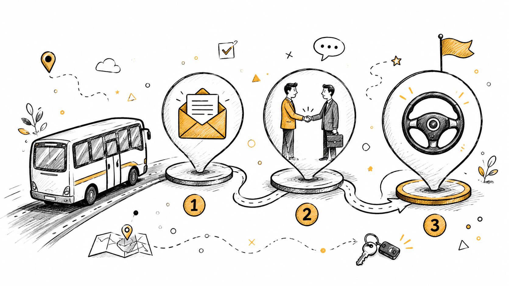 Eine Infografik illustriert den Prozess der Bewerbung als Busfahrer mit drei Stationen: Kontakt, Gespräch und Schlüsselübergabe.