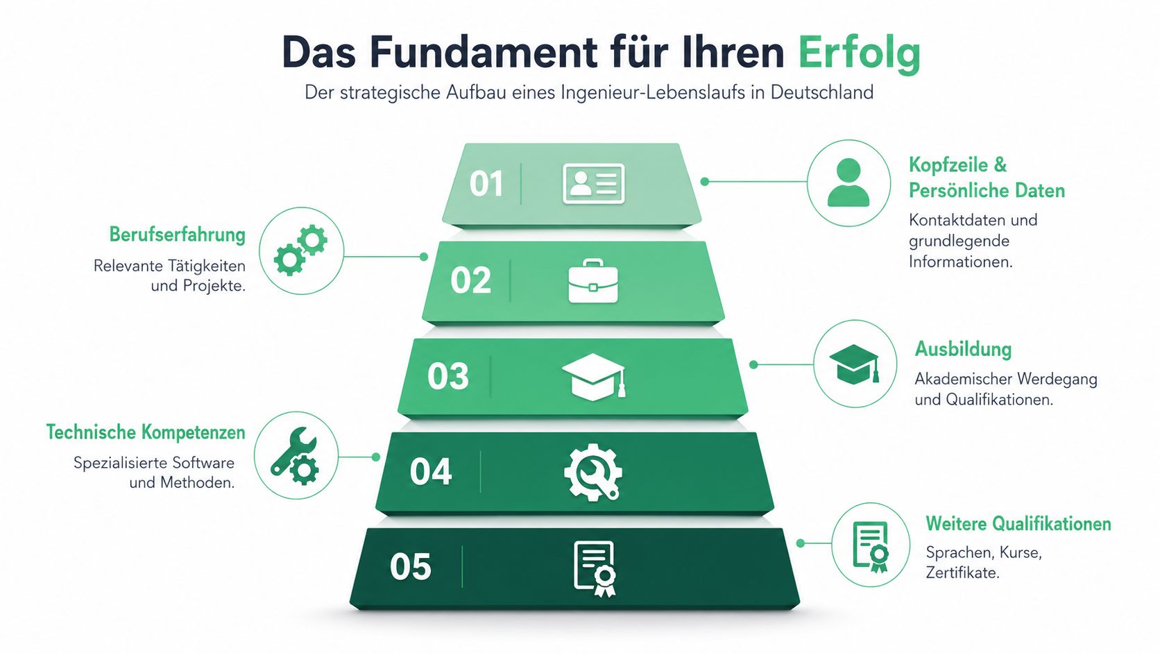 Eine Infografik zeigt den strategischen Aufbau eines deutschen Ingenieur-Lebenslaufs mit fünf wesentlichen Abschnitten zur beruflichen Orientierung.
