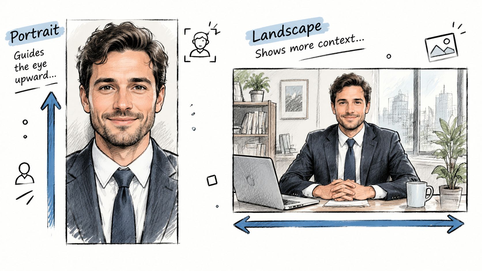 Vergleich zwischen einem vertikalen Porträtfoto und einem horizontalen Landschaftsfoto, das dieselbe Person in einem Büro zeigt.