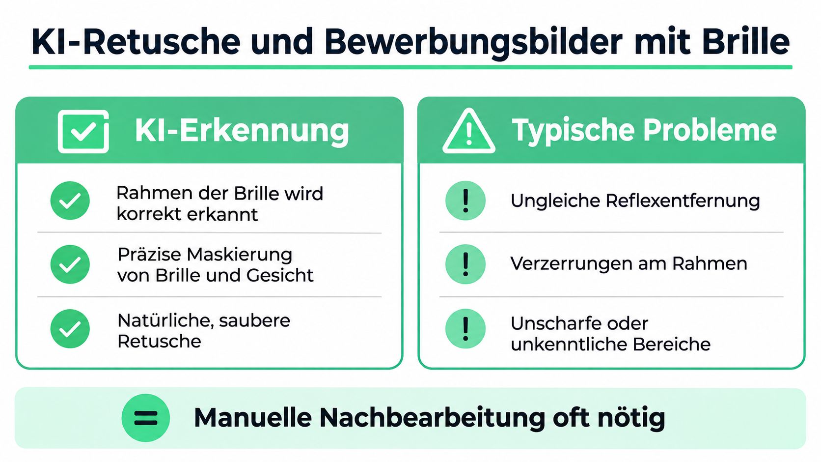 Eine Infografik zur KI-Retusche von Bewerbungsbildern, die Vorteile der KI-Erkennung und typische Probleme mit Brillen vergleicht.