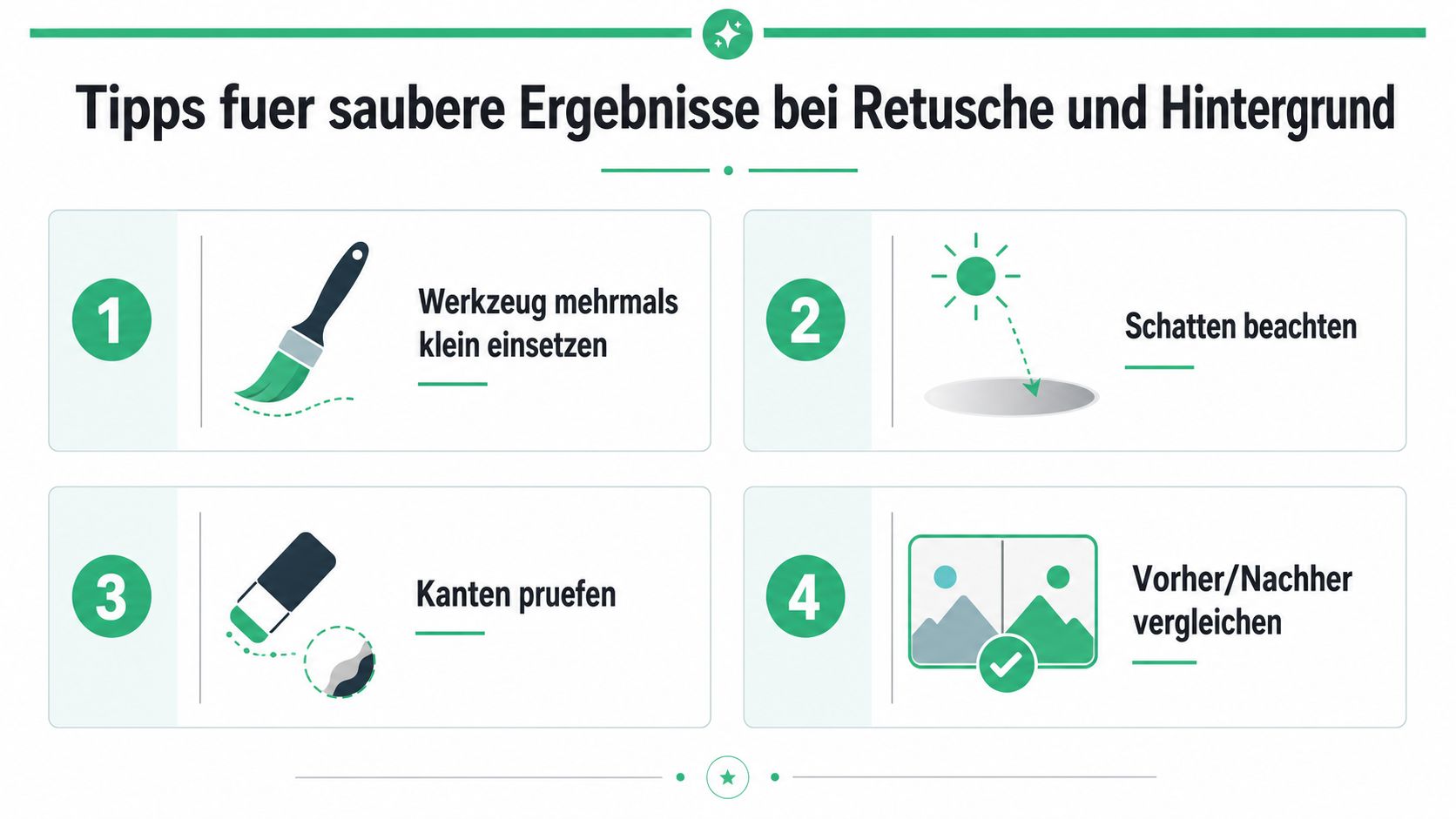 Infografik mit vier hilfreichen Tipps für saubere Ergebnisse bei der Bildbearbeitung, Retusche und Hintergrundentfernung.