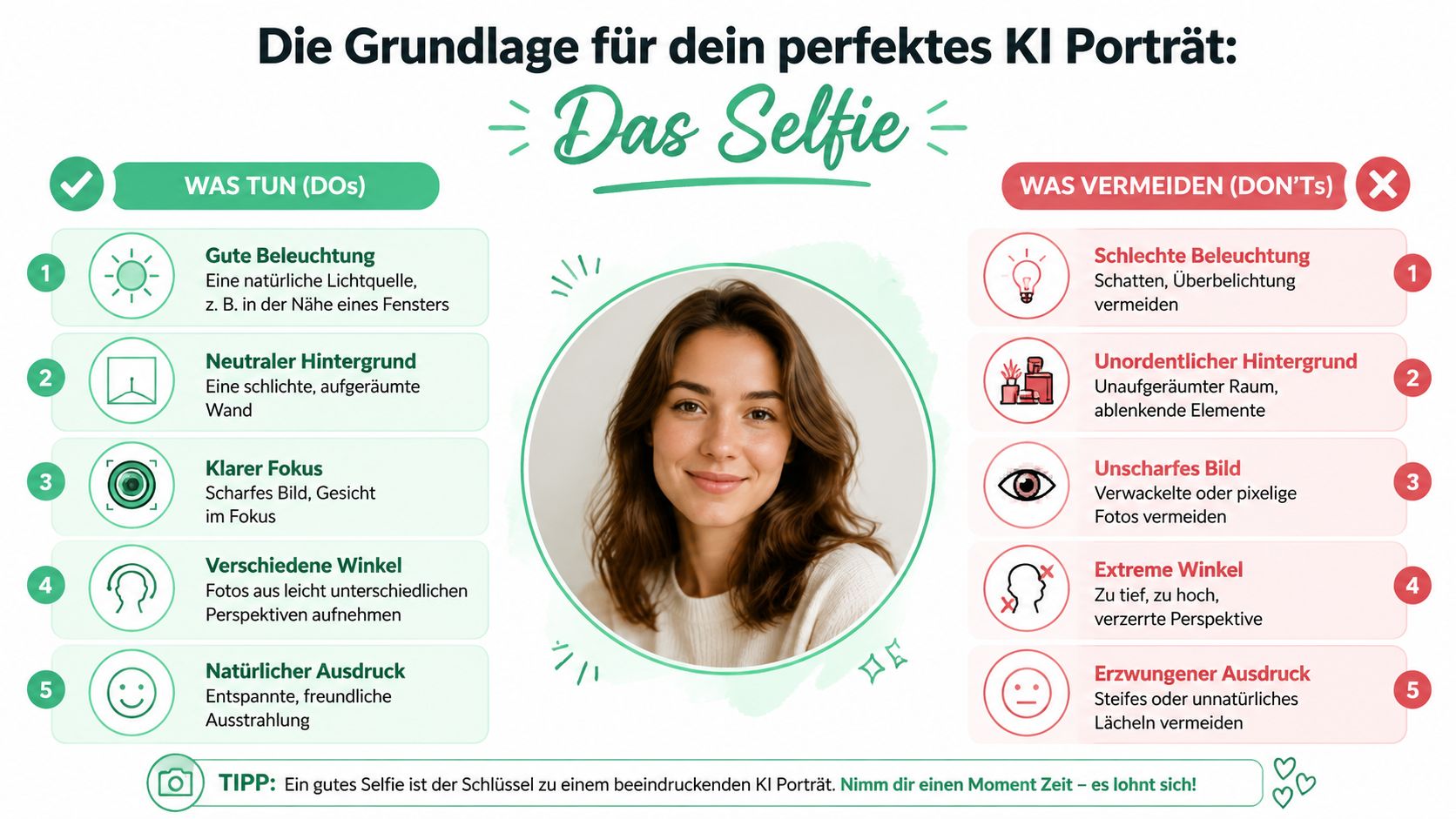 Infografik mit Tipps und Tricks für die Erstellung des perfekten Selfies für KI-Porträts.