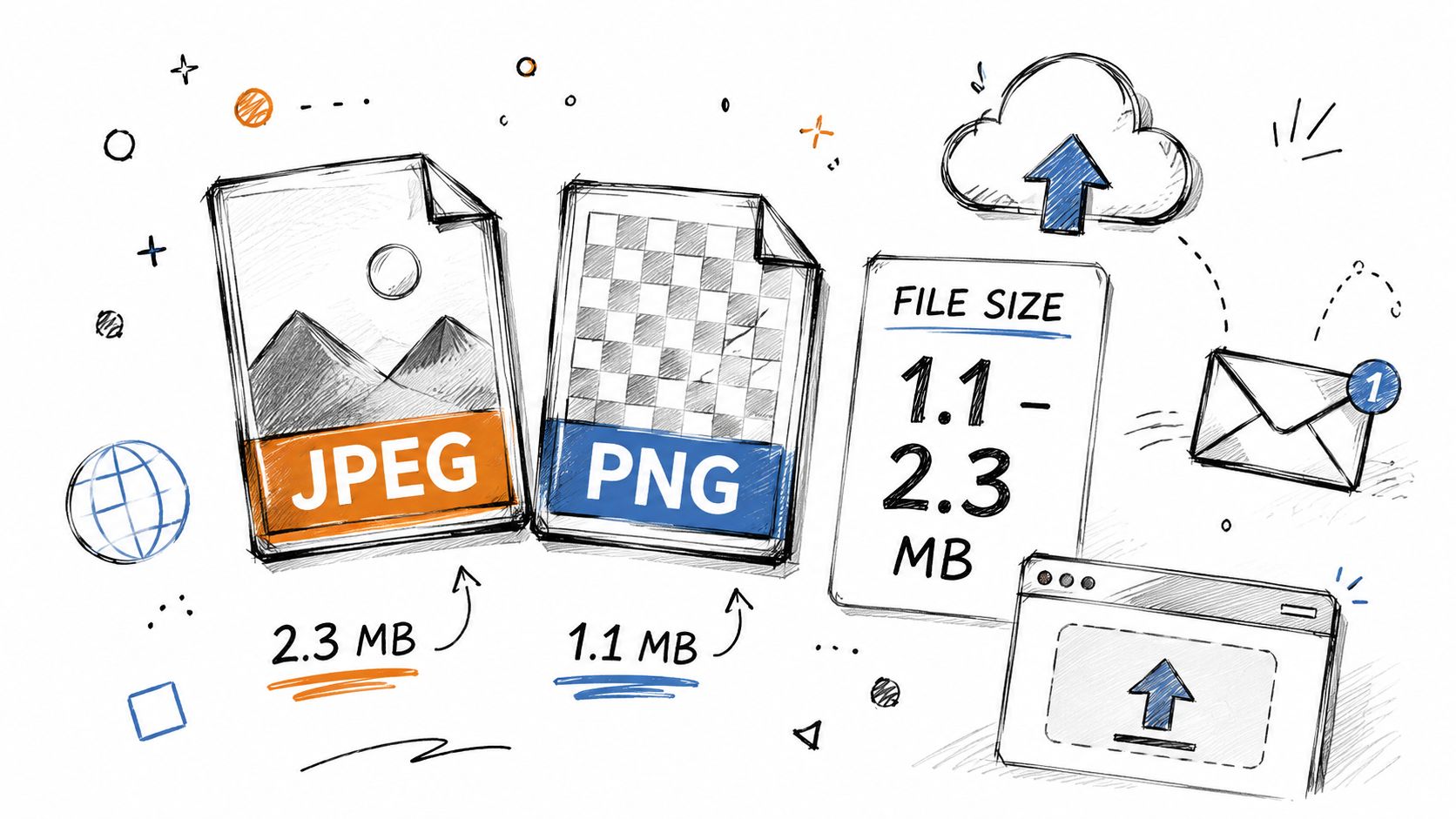 Eine grafische Darstellung zeigt die Dateigrößen von JPEG- und PNG-Bildformaten für verschiedene digitale Anwendungen.