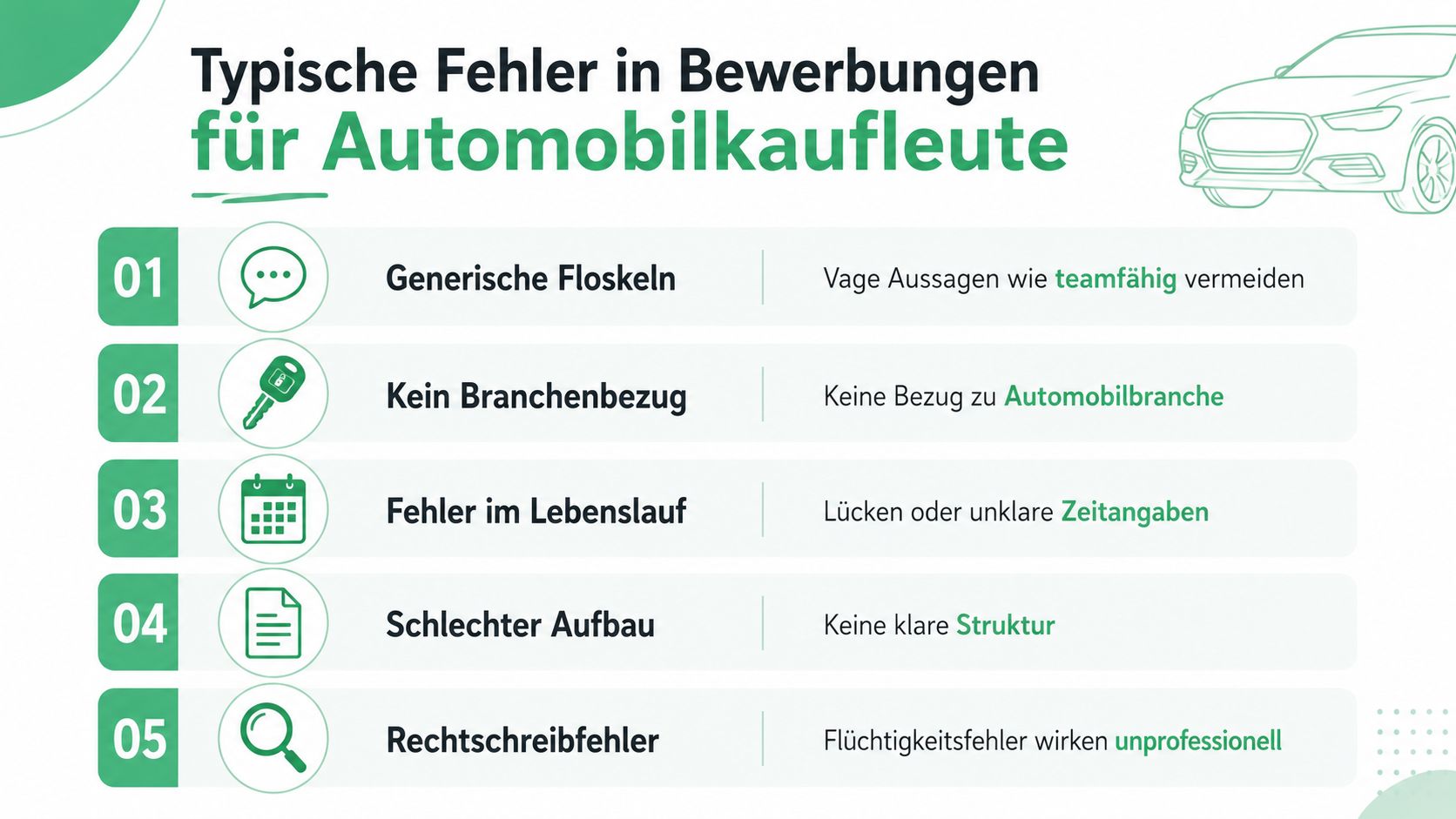 Grafik mit fünf häufigen Fehlern in Bewerbungen für Automobilkaufleute, dargestellt mit Icons und kurzem Text.