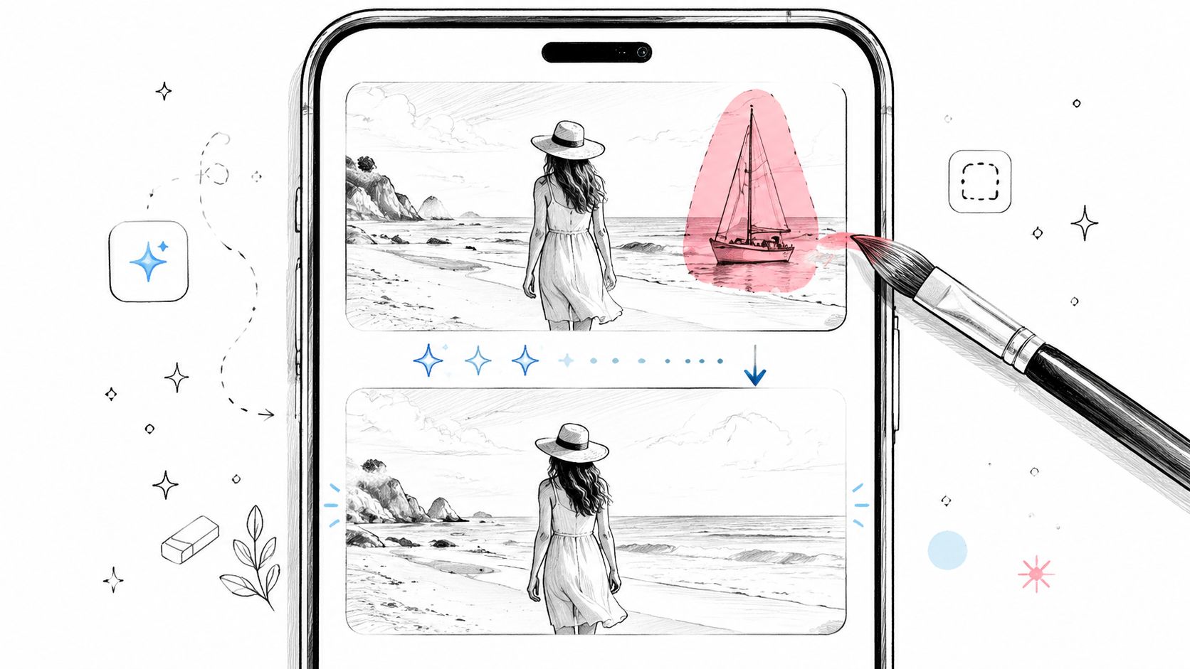 Eine handgezeichnete Skizze auf einem Smartphone zeigt, wie man eine Person oder ein Objekt aus einem Foto entfernt.