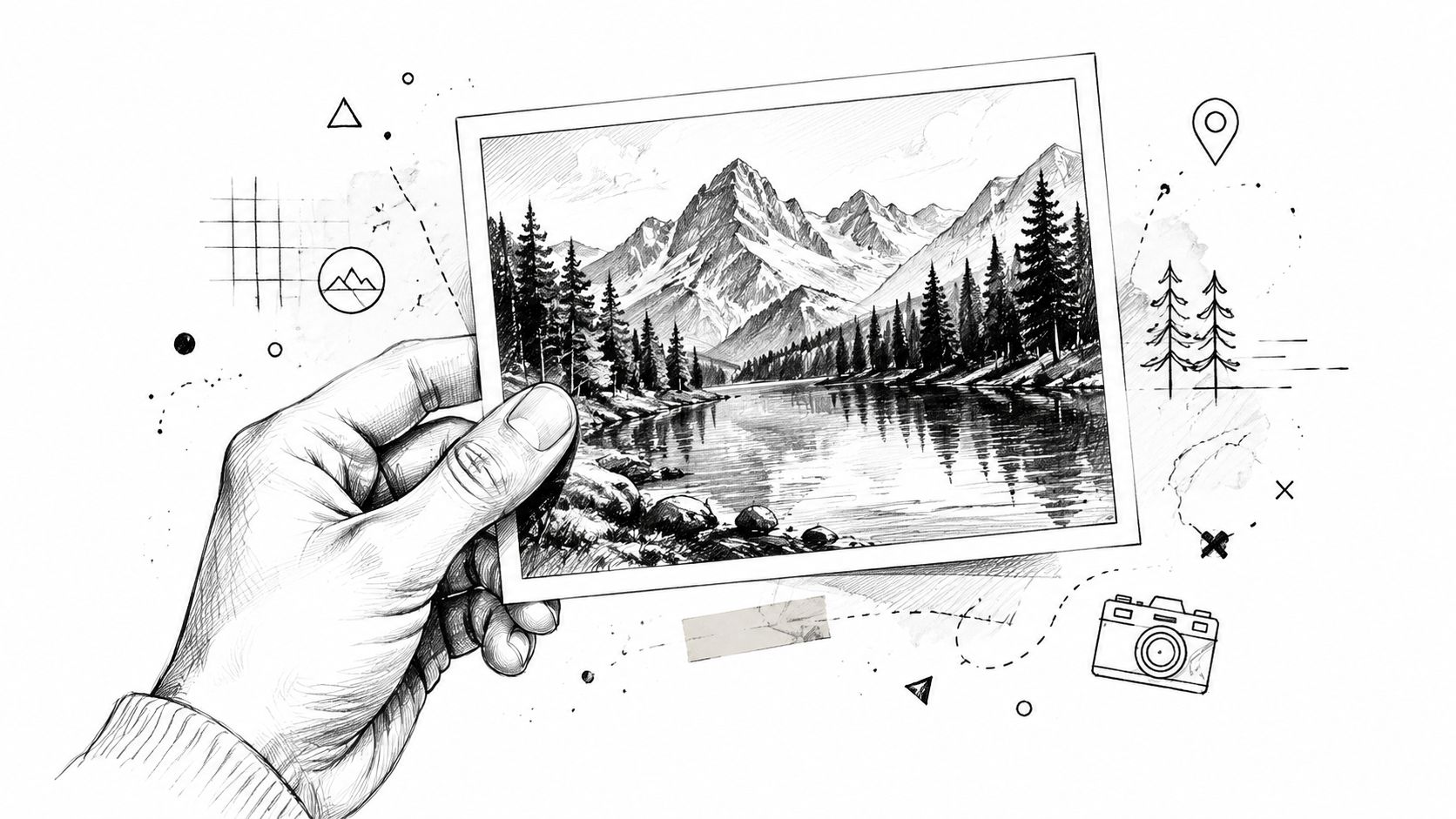 Eine handgezeichnete Skizze einer Hand, die ein Foto einer malerischen Berglandschaft mit einem See hält.