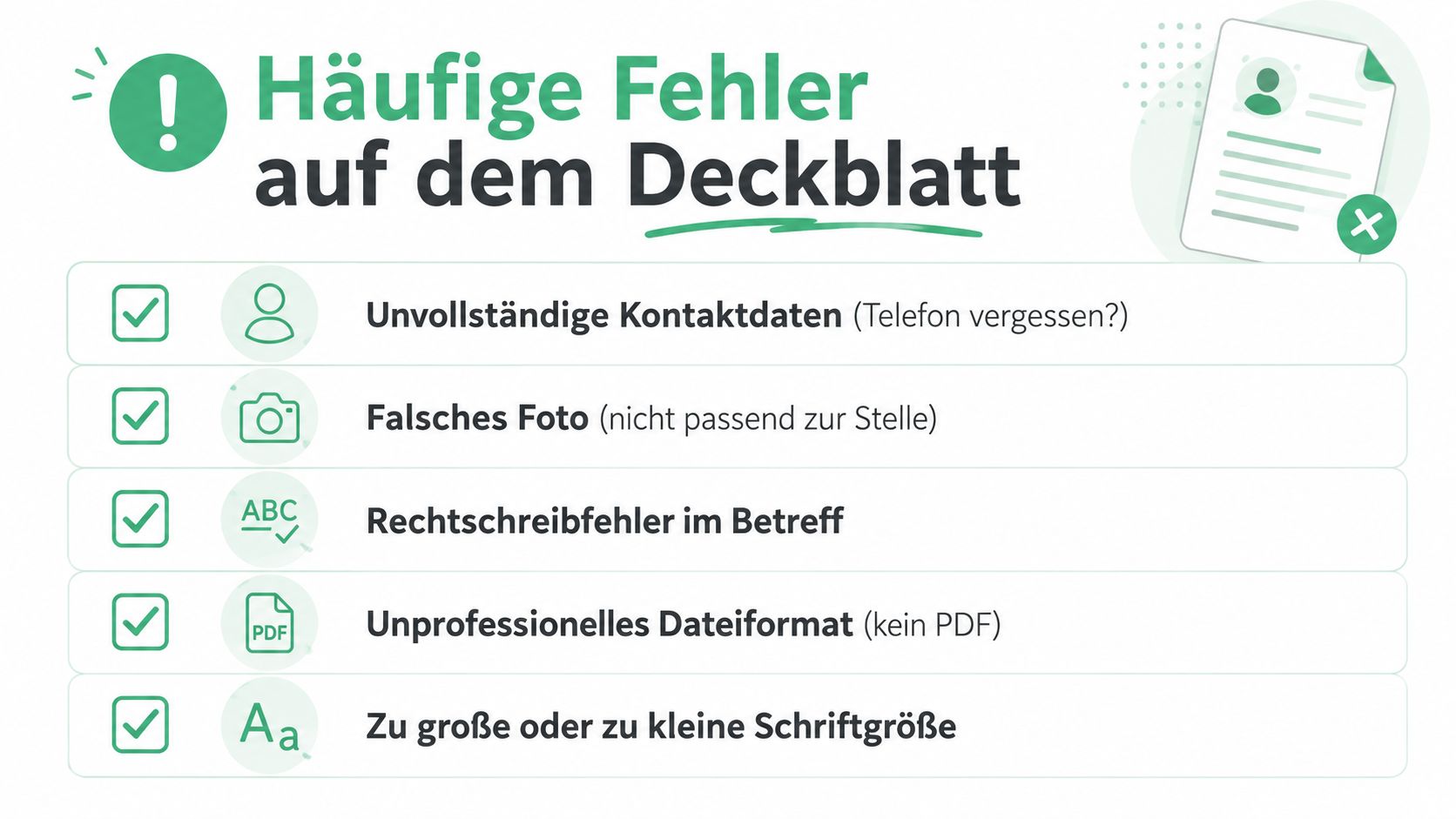 Eine Infografik mit fünf häufigen Fehlern bei der Erstellung eines professionellen Bewerbungs-Deckblatts in deutscher Sprache.