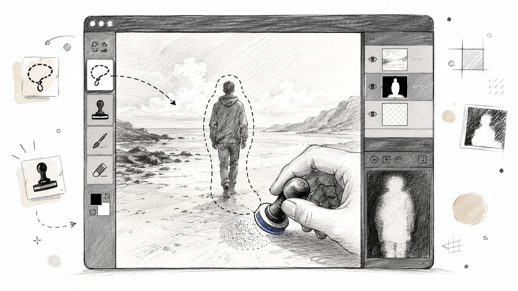 Eine illustrative Darstellung einer Bildbearbeitungssoftware, die das Entfernen einer Person aus einer Landschaft zeigt.