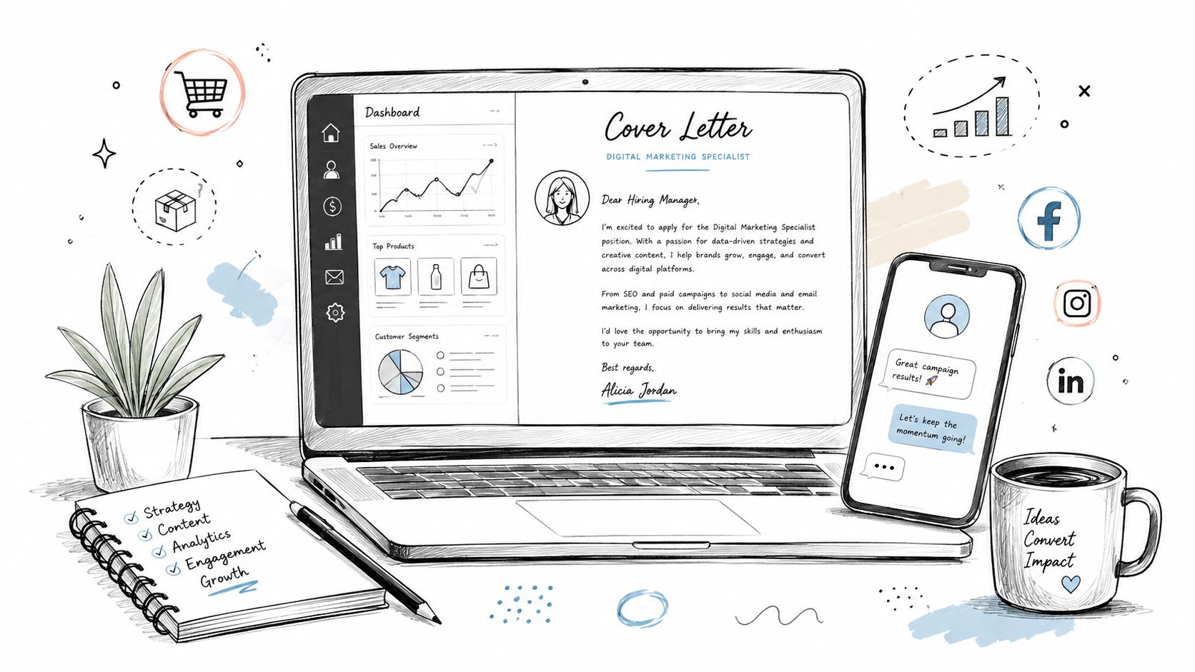 Eine Laptop- und Smartphone-Darstellung mit digitalen Marketing-Inhalten zur Vorbereitung einer professionellen Bewerbung oder Geschäftspräsentation.
