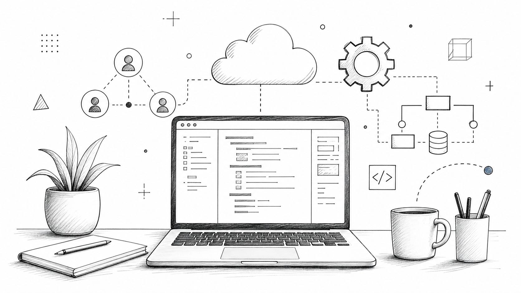 Eine handgezeichnete Skizze eines modernen Schreibtischs mit einem Laptop, einer Pflanze und verschiedenen Software-Entwicklungssymbolen im Hintergrund.