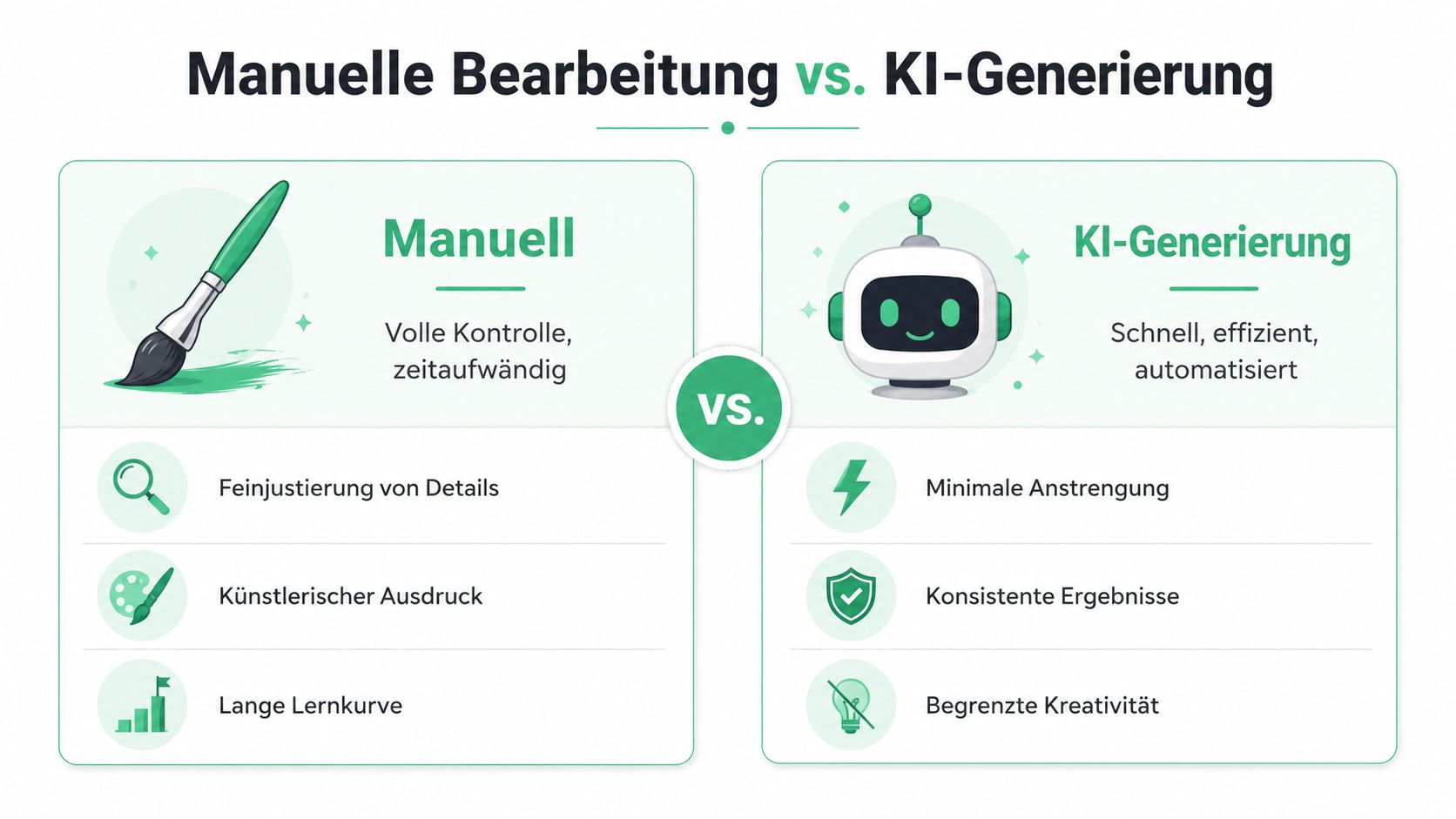 Vergleichsgrafik zwischen manueller Bearbeitung und KI-Generierung mit Vor- und Nachteilen beider Methoden übersichtlich dargestellt.