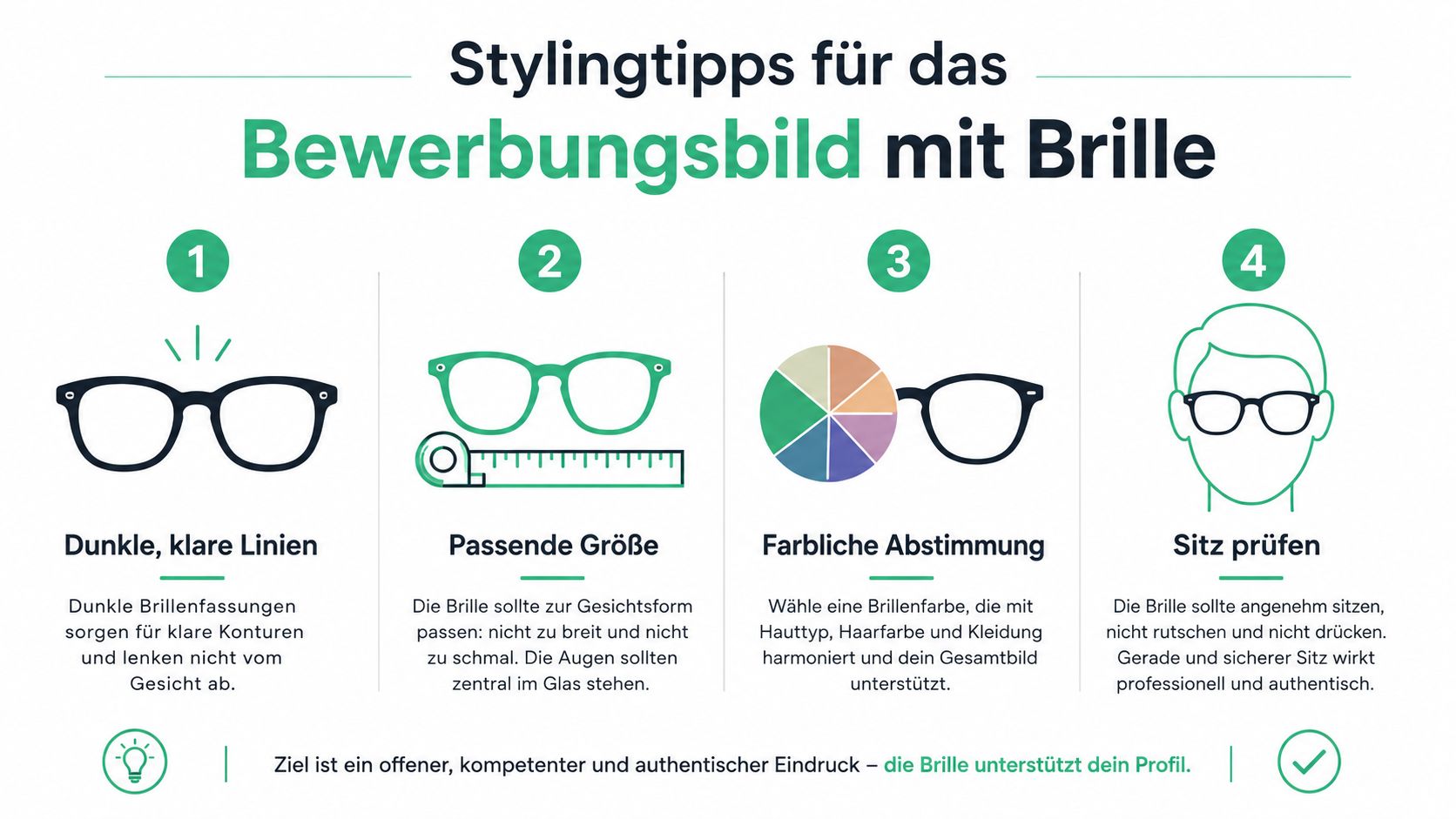 Infografik mit vier Stylingtipps für das perfekte professionelle Bewerbungsfoto mit einer Brille für einen kompetenten Eindruck.