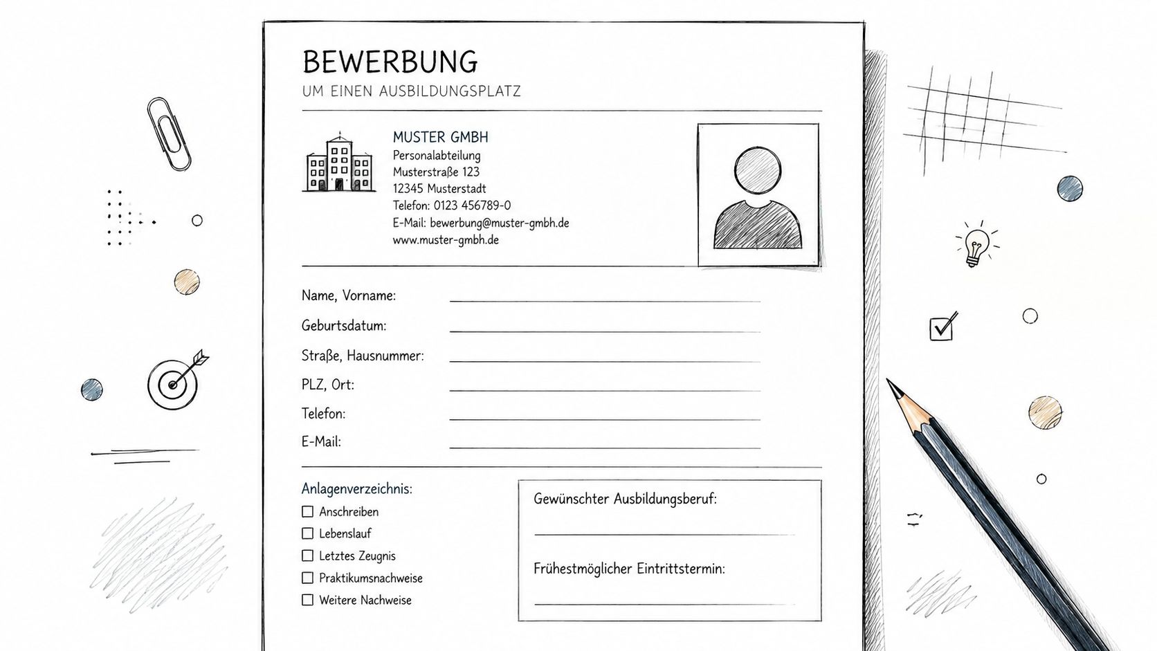 Eine handgezeichnete Vorlage für ein Bewerbungsdeckblatt für eine Ausbildungsstelle mit leeren Feldern für persönliche Angaben.