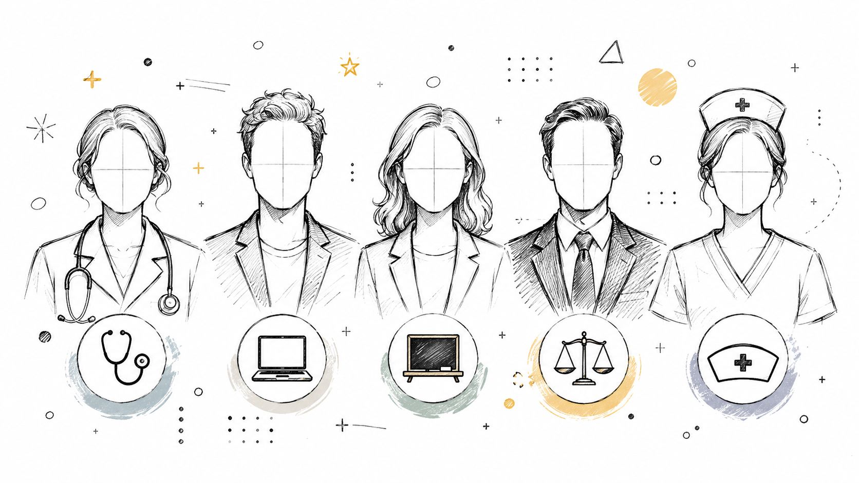 Illustration mit fünf verschiedenen Berufen und zugehörigen Symbolen für die digitale Erstellung professioneller Passbilder.