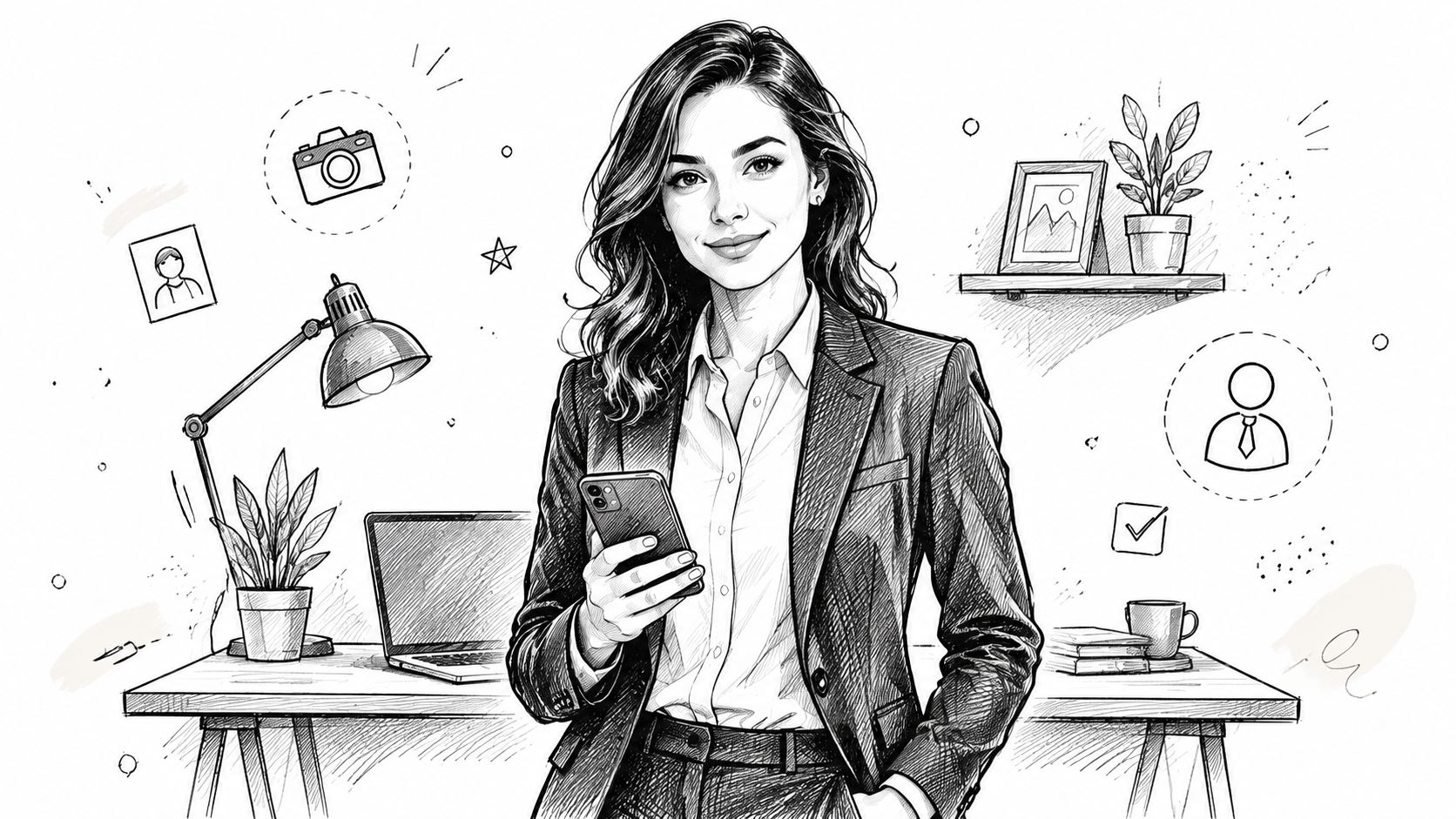 Eine professionelle Geschäftsfrau mit Smartphone steht in einem modernen, skizzierten Büro mit Schreibtisch und Arbeitsutensilien.